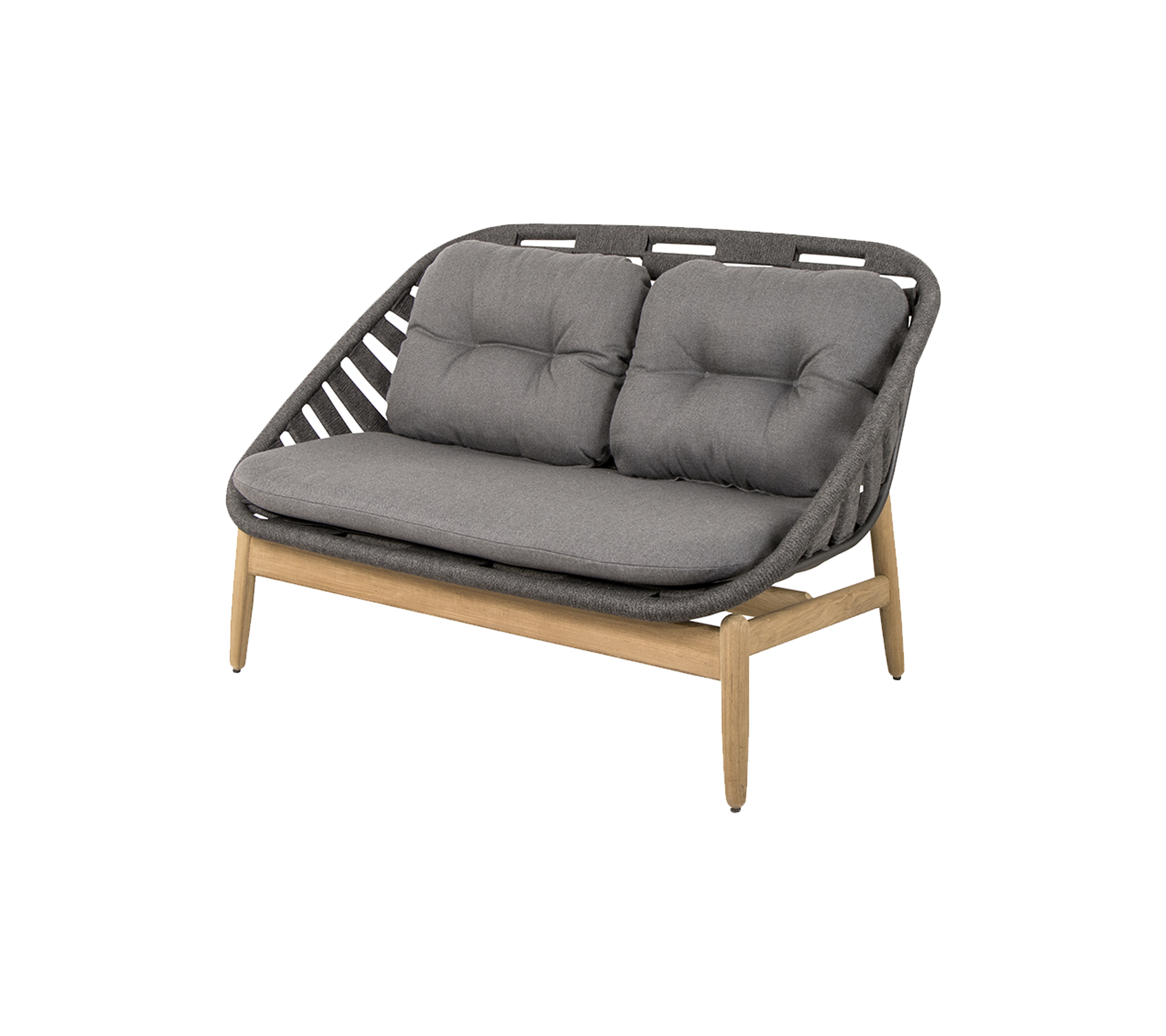 Zweisitzer-Sofa mit einem grauen gepolsterten Sitz und einer stilvollen gewebten Rückenlehne, unterstützt von Holzbeinen. Ideal für moderne Dekoration.