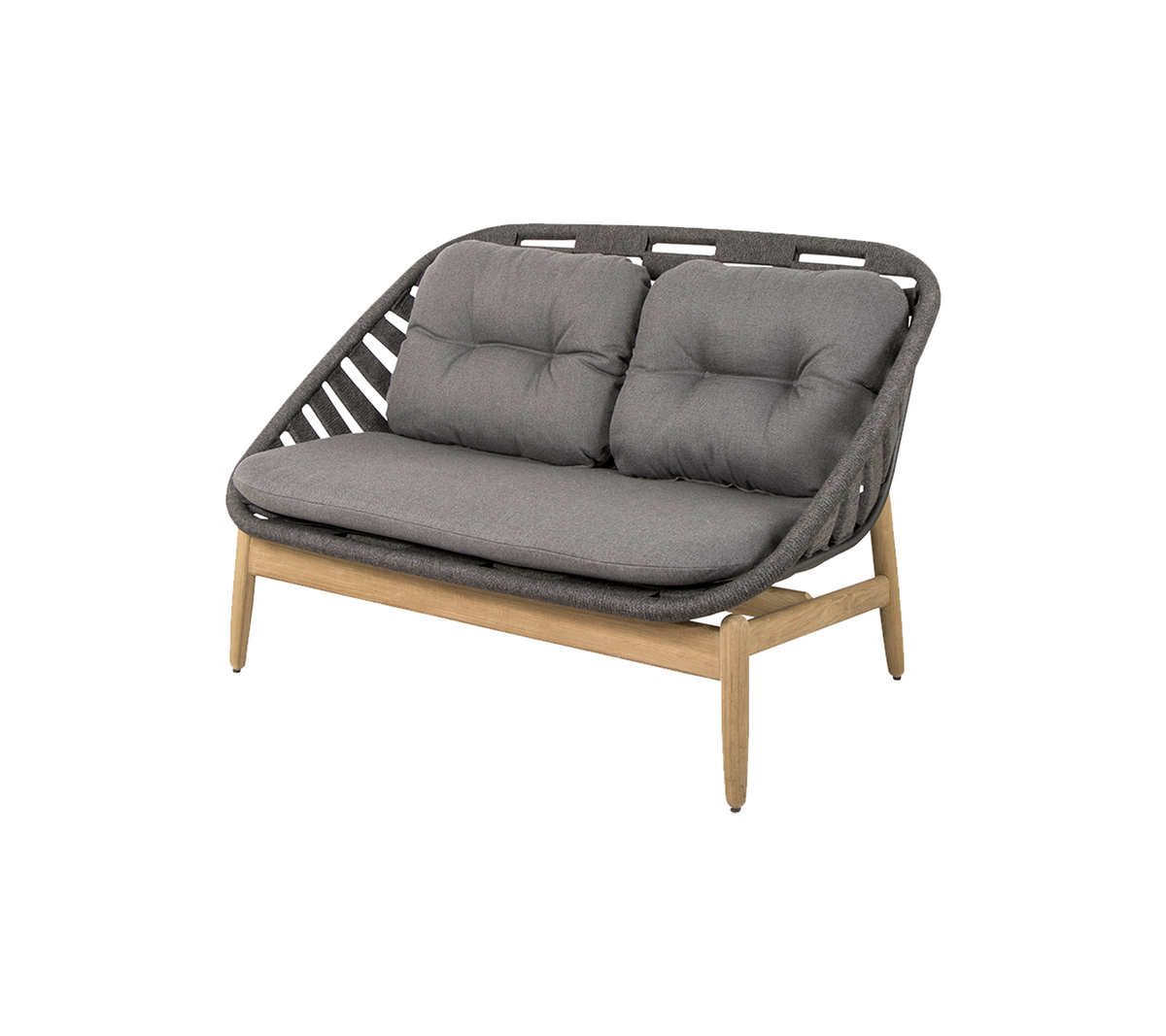 Zweisitzer-Sofa mit einem grauen gepolsterten Sitz und einer stilvollen gewebten Rückenlehne, unterstützt von Holzbeinen. Ideal für moderne Dekoration.