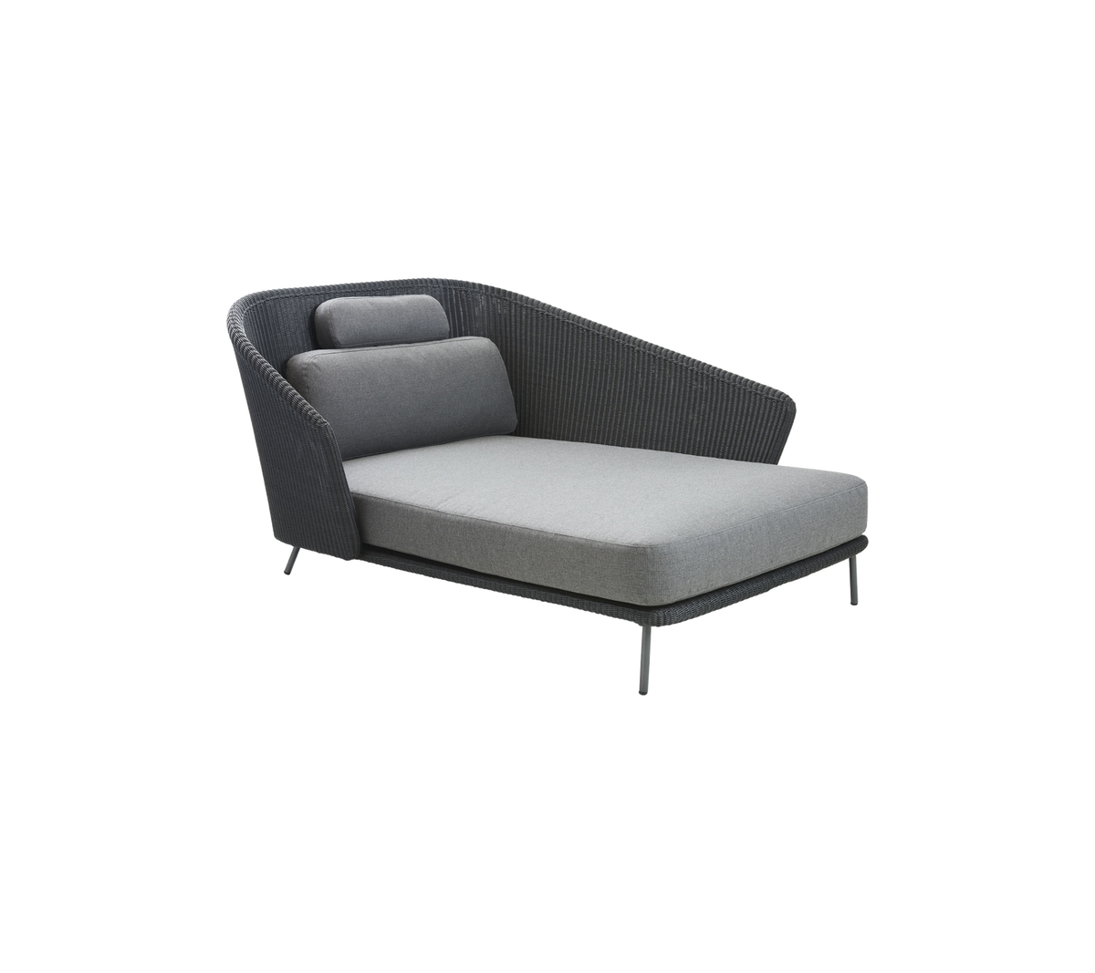 Moderne Loungesessel mit schlankem Design, ausgestattet mit einem grauen Stoffsitz und -rücken, ergänzt durch eine einzigartige Armlehnenform.
