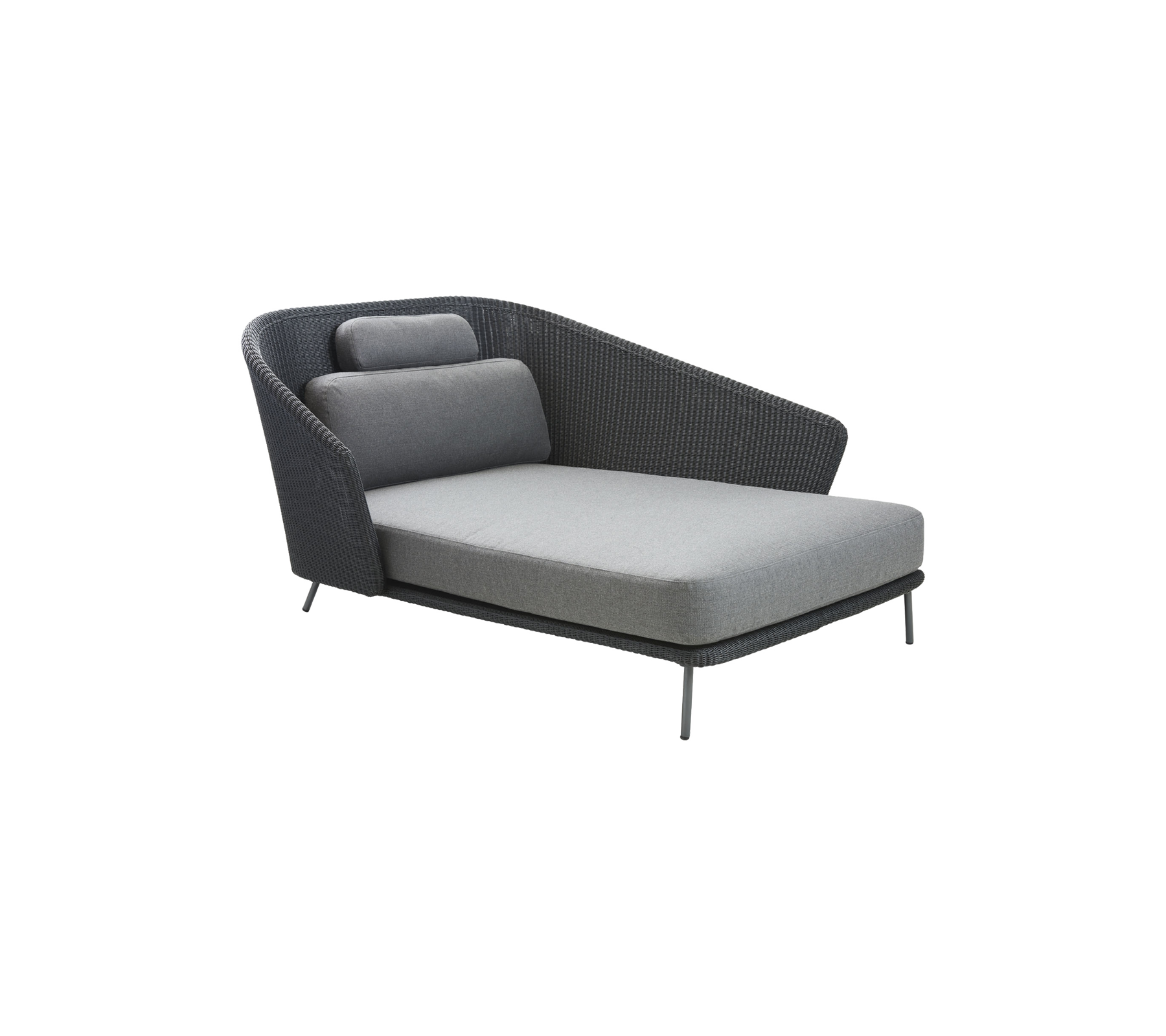 Moderne Loungesessel mit schlankem Design, ausgestattet mit einem grauen Stoffsitz und -rücken, ergänzt durch eine einzigartige Armlehnenform.