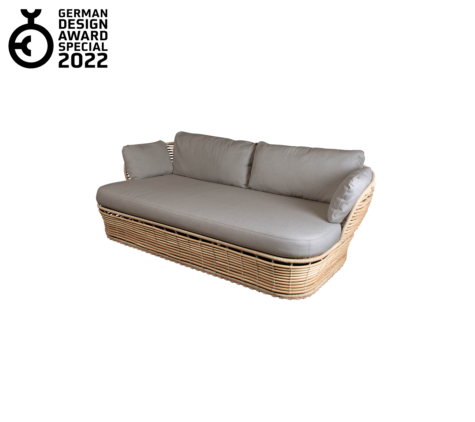 Zeitgenössisches Sofa mit geflochtener Basis und plüschigen grauen Kissen, das ein schlankes Design und eine elegante Ästhetik aufweist. Ausgezeichnet im Jahr 2022.