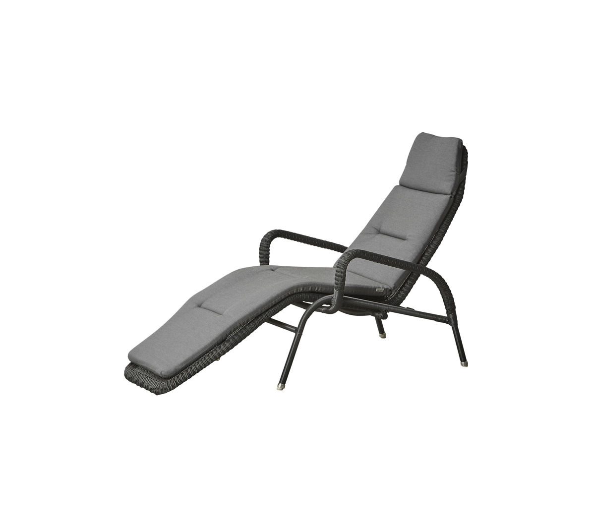 Ein eleganter, moderner Relaxsessel mit geschwungenem Design und gepolstertem Sitz in neutralem Grau, mit stabilen Armlehnen und Beinen.