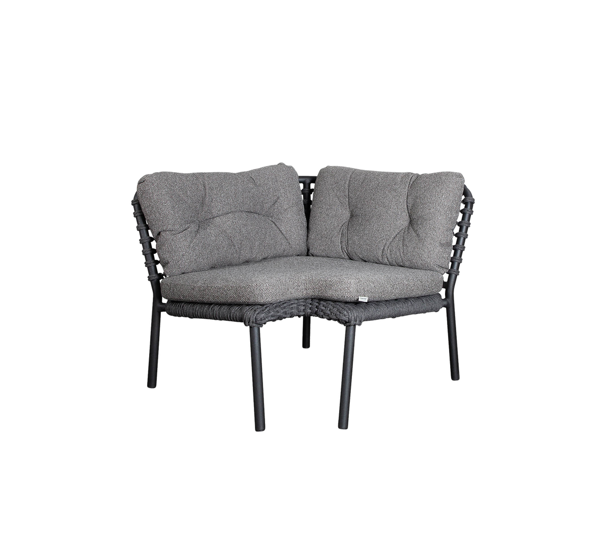 Bequeme graue Ecksitzecke mit plüschigen Kissen und elegantem gewebtem Design, perfekt für gemütliche Zusammenkünfte.