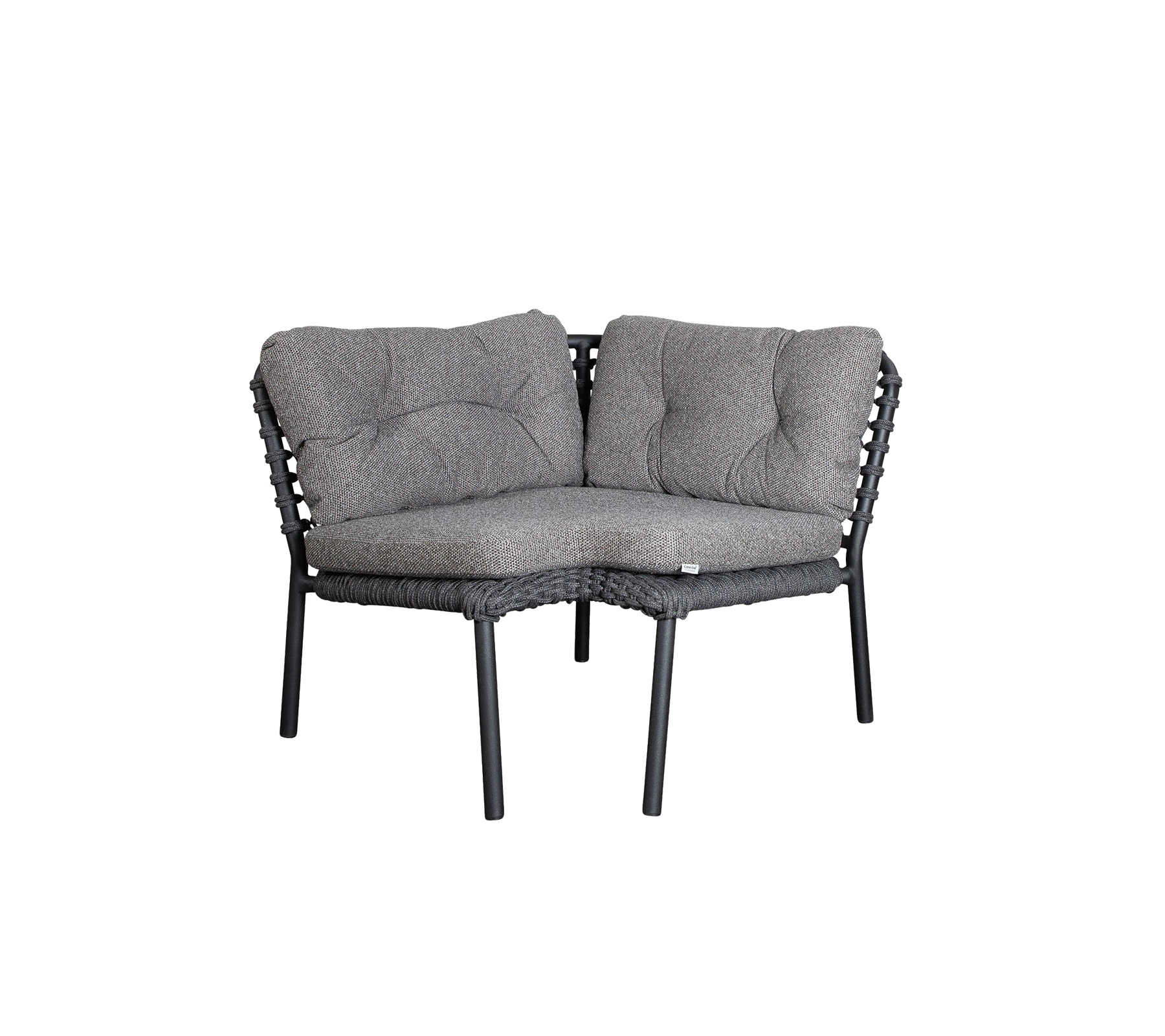 Bequeme graue Ecksitzecke mit plüschigen Kissen und elegantem gewebtem Design, perfekt für gemütliche Zusammenkünfte.