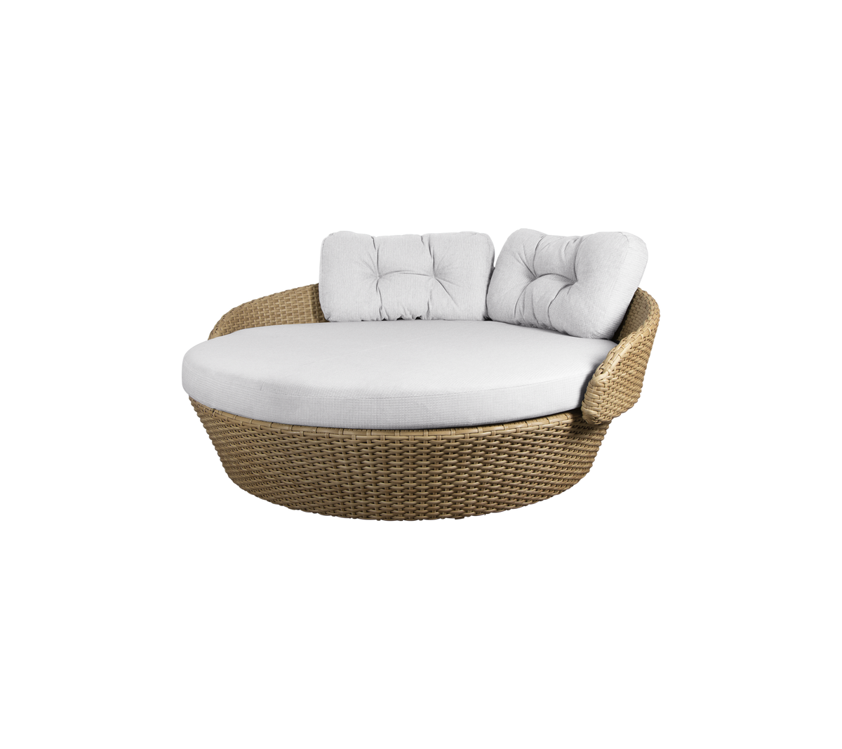 Runder Rattan-Lounge-Stuhl mit einem weichen weißen Kissen und zwei Rückenpolstern für Komfort. Ideal zur Entspannung.