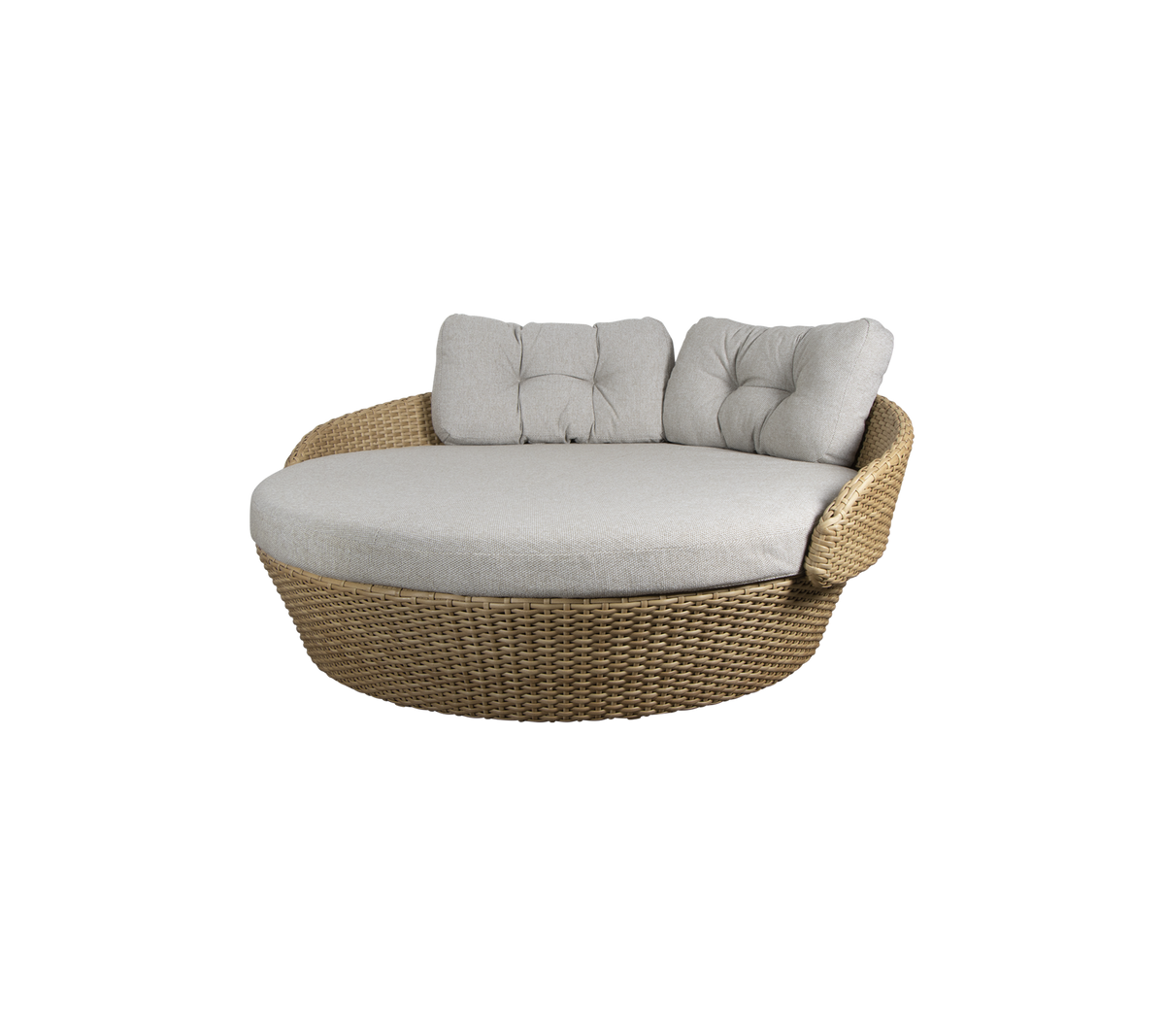 Runder geflochtene Lounge-Stuhl mit weichen grauen Kissen, entworfen für Komfort und Entspannung. Ideal zum Entspannen oder Geselligkeit.