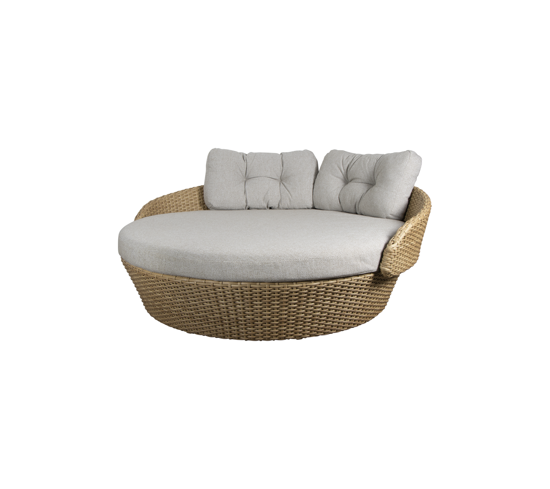 Runder geflochtene Lounge-Stuhl mit weichen grauen Kissen, entworfen für Komfort und Entspannung. Ideal zum Entspannen oder Geselligkeit.