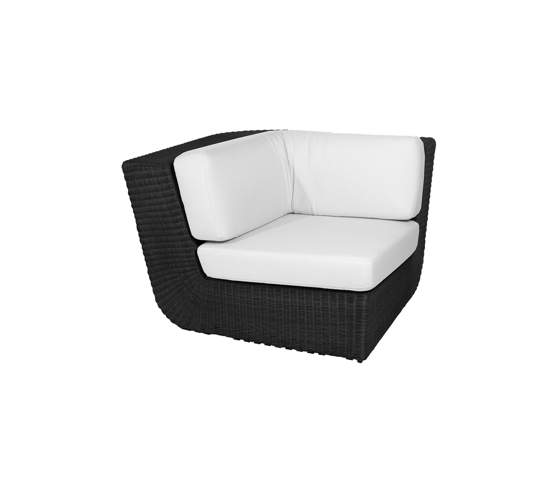 Stylischer Eckstuhl mit einem eleganten schwarz gewebten Design und bequemen weißen Kissen, perfekt für moderne Sitzanordnungen.