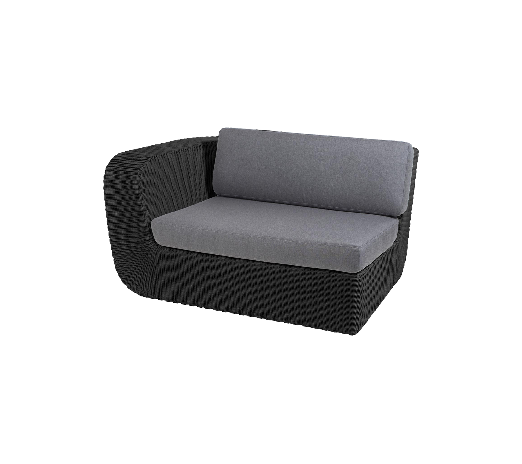 Moderne Zweisitzer-Sofa mit einem schlanken schwarzen Rattanrahmen und weichen grauen Kissen für Komfort und Stil. Ideal zum Entspannen.