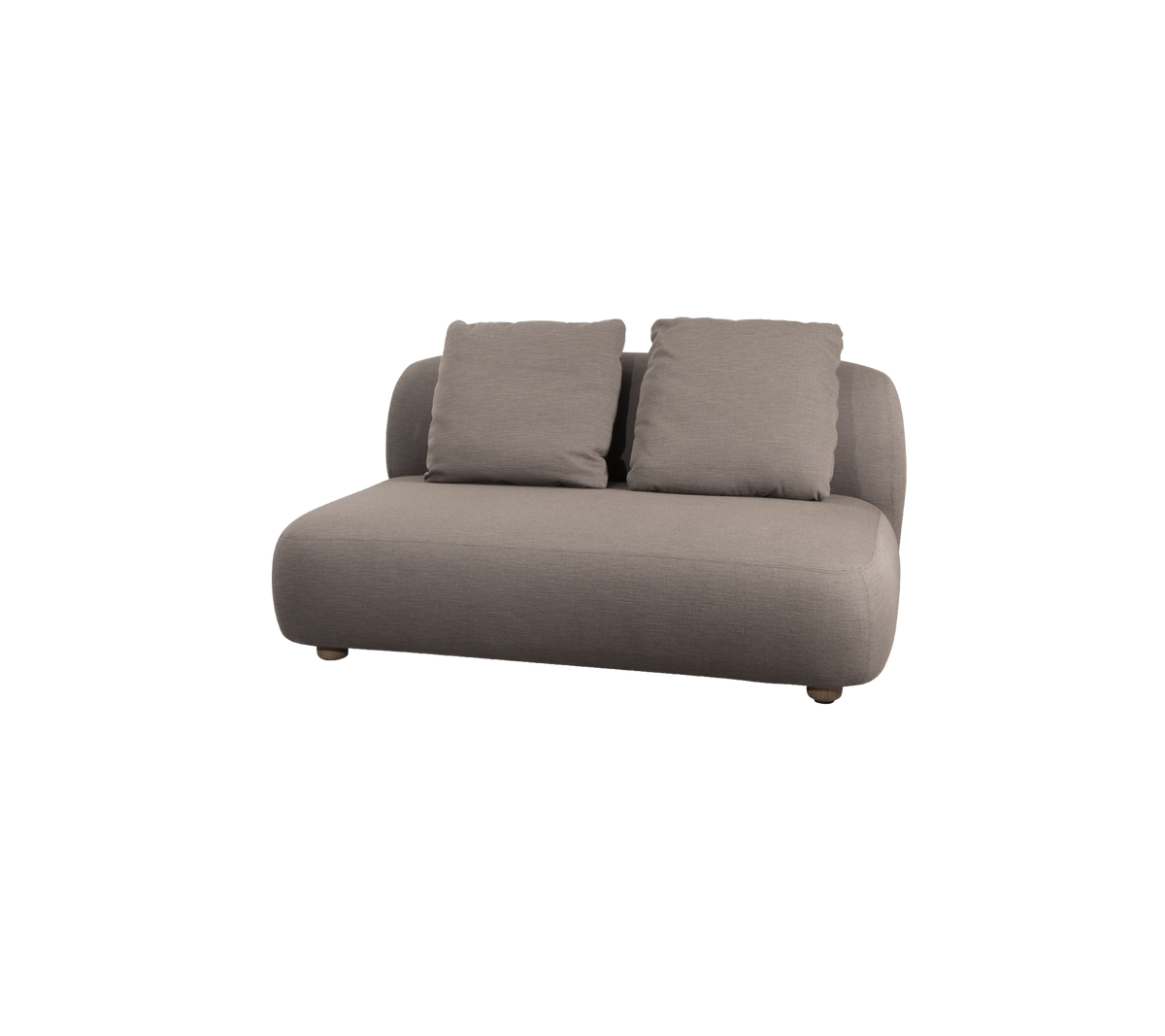 Bequeme, moderne Sofa aus einem weichen grauen Stoff mit zwei plüschigen Kissen, die abgerundete Kanten für einen zeitgemäßen Look aufweist.