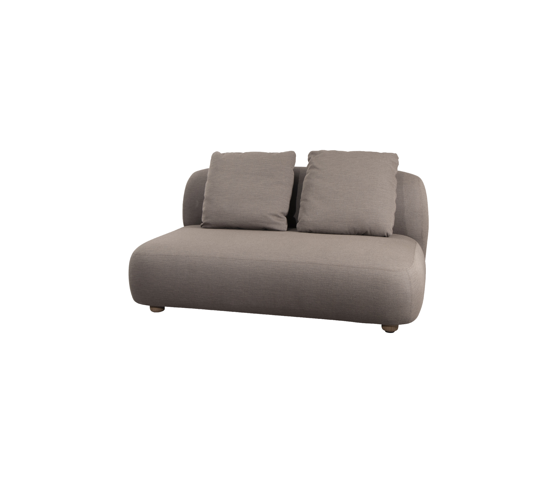 Bequeme, moderne Sofa aus einem weichen grauen Stoff mit zwei plüschigen Kissen, die abgerundete Kanten für einen zeitgemäßen Look aufweist.