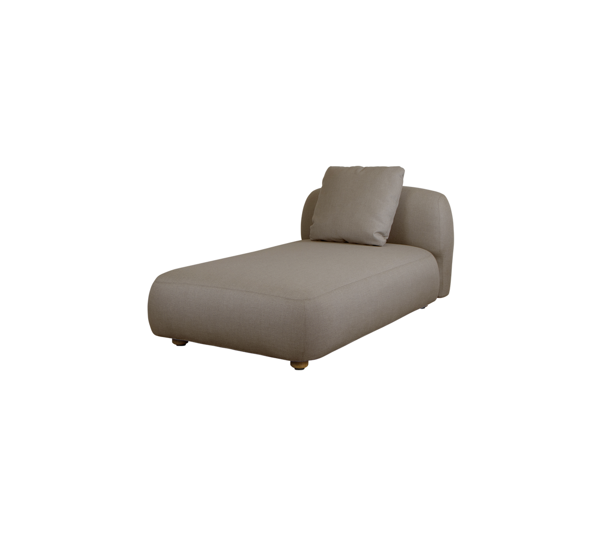 Zeitgenössische Chaiselongue in einem neutralen Stoff, mit einem stilvollen, minimalistischen Design und einem plüschigen Kissen für Komfort.