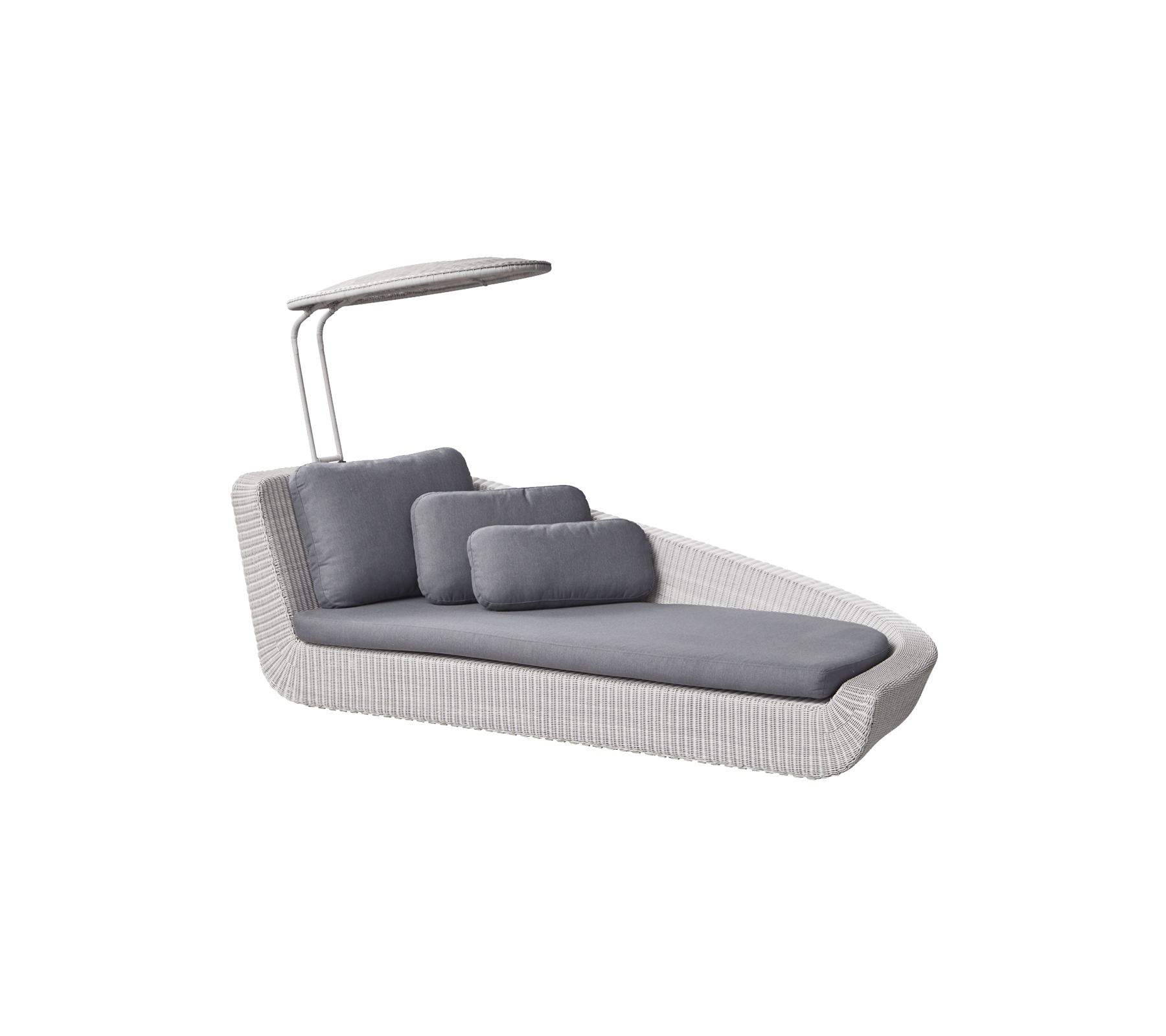 Stylischer Lounge-Stuhl mit sleekem Design, ausgestattet mit grauen Kissen und einem schützenden Dach für zusätzlichen Komfort. Perfekt zum Entspannen.