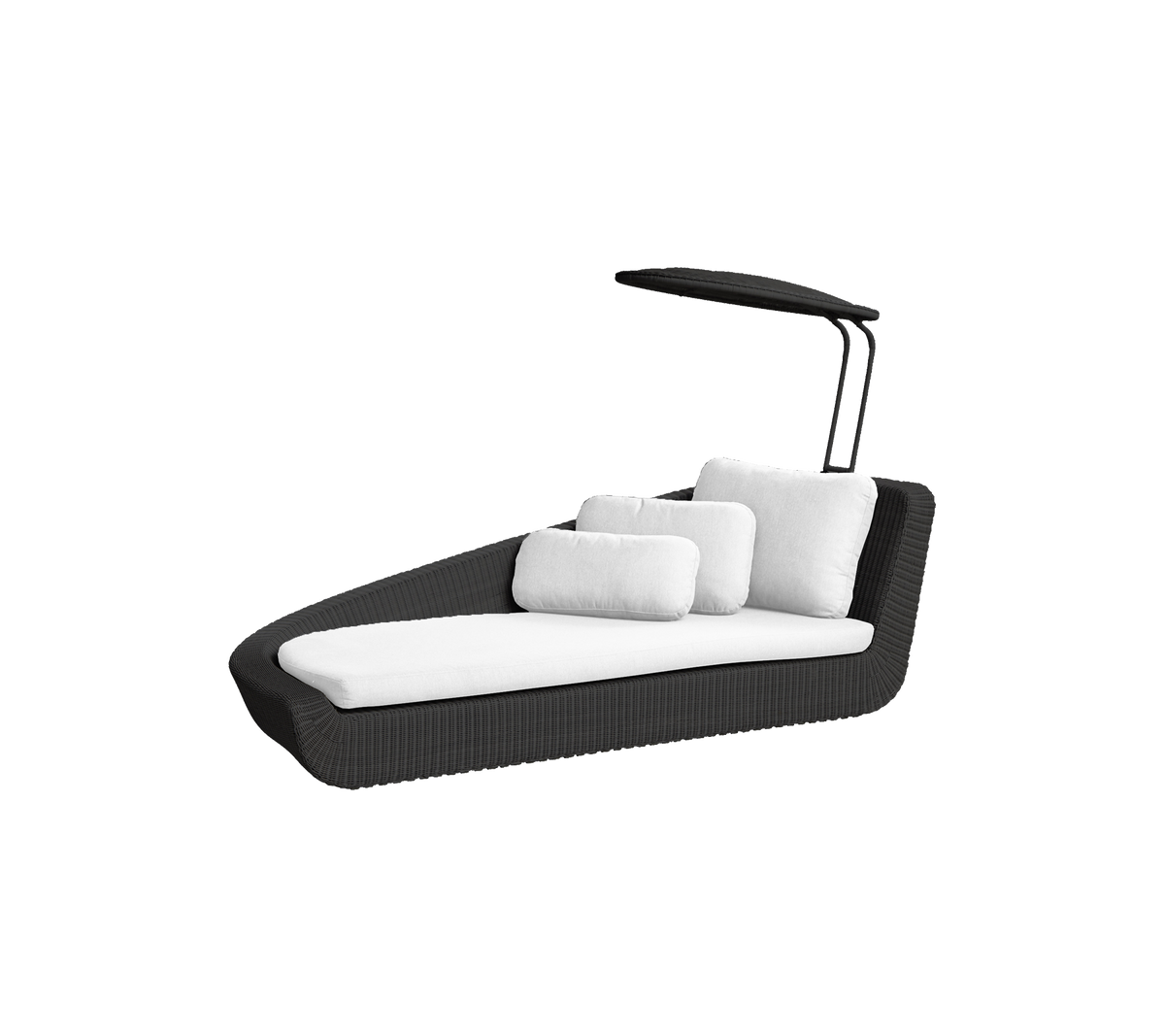 Stylischer Loungesessel für den Außenbereich mit einem eleganten Design, ausgestattet mit plüschigen weißen Kissen und einem schützenden Baldachin für Komfort und Entspannung.