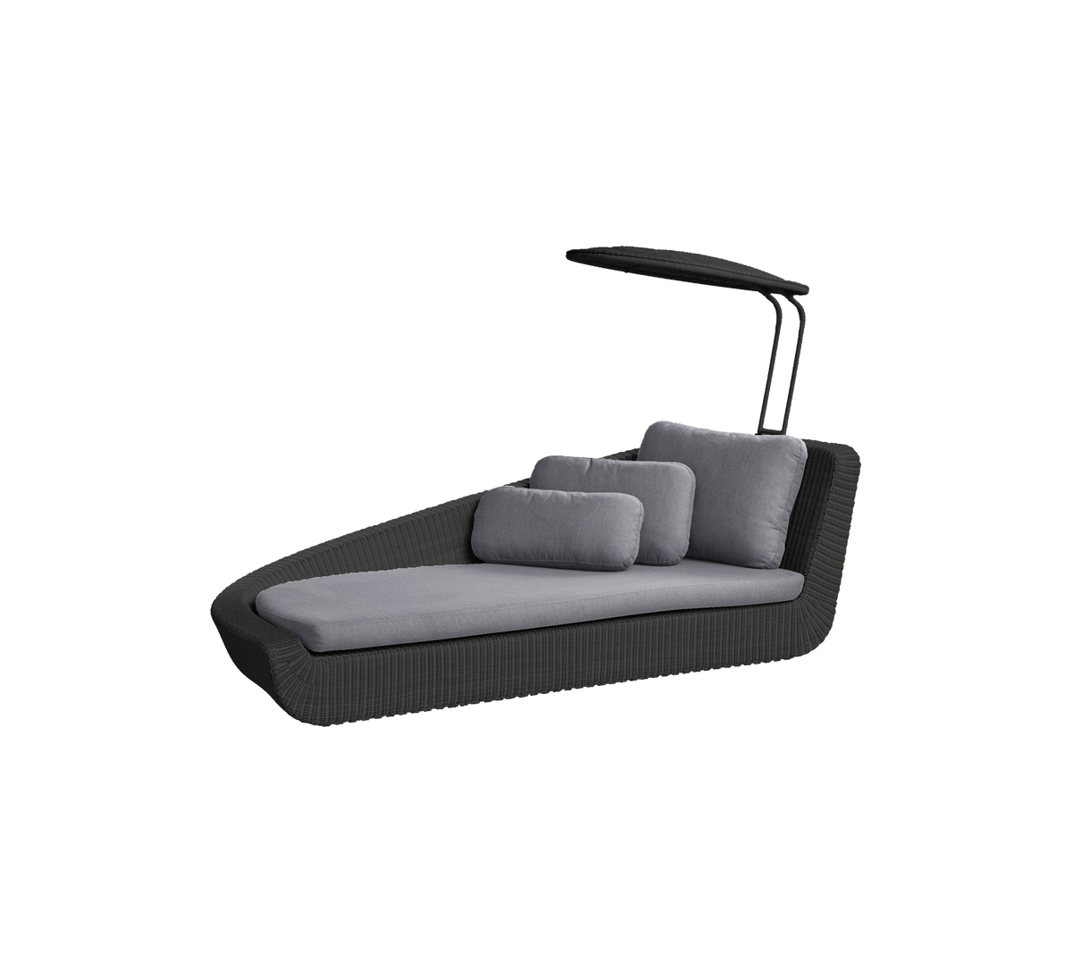 Stylischer Loungesessel mit modernem Design, ausgestattet mit einem Baldachin und plüschigen grauen Kissen für Komfort und Entspannung.
