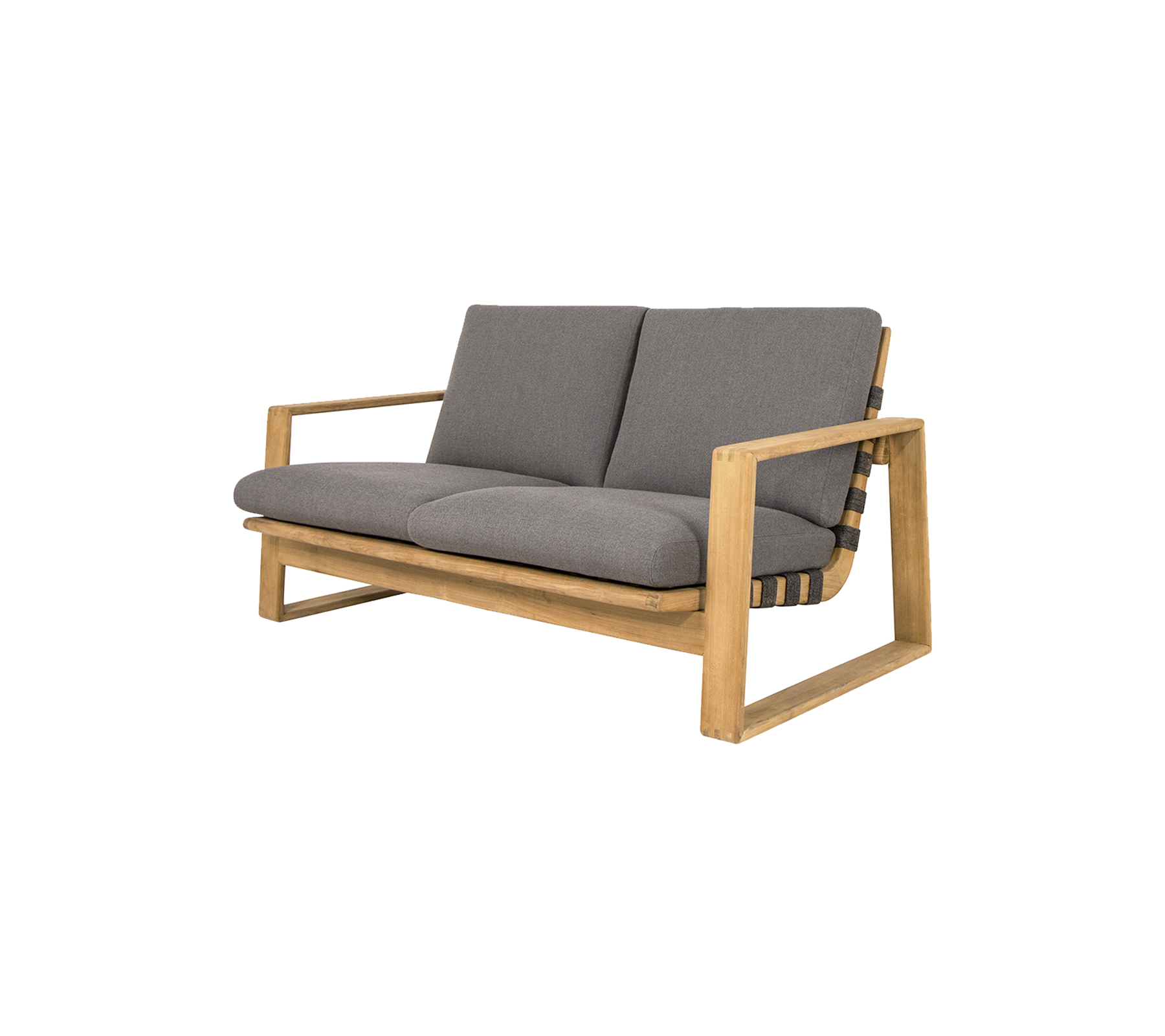 Zweisitzer-Sofa mit einem hellen Holzrahmen und grauen Kissen, modernem Design und bequemen Sitzgelegenheiten.