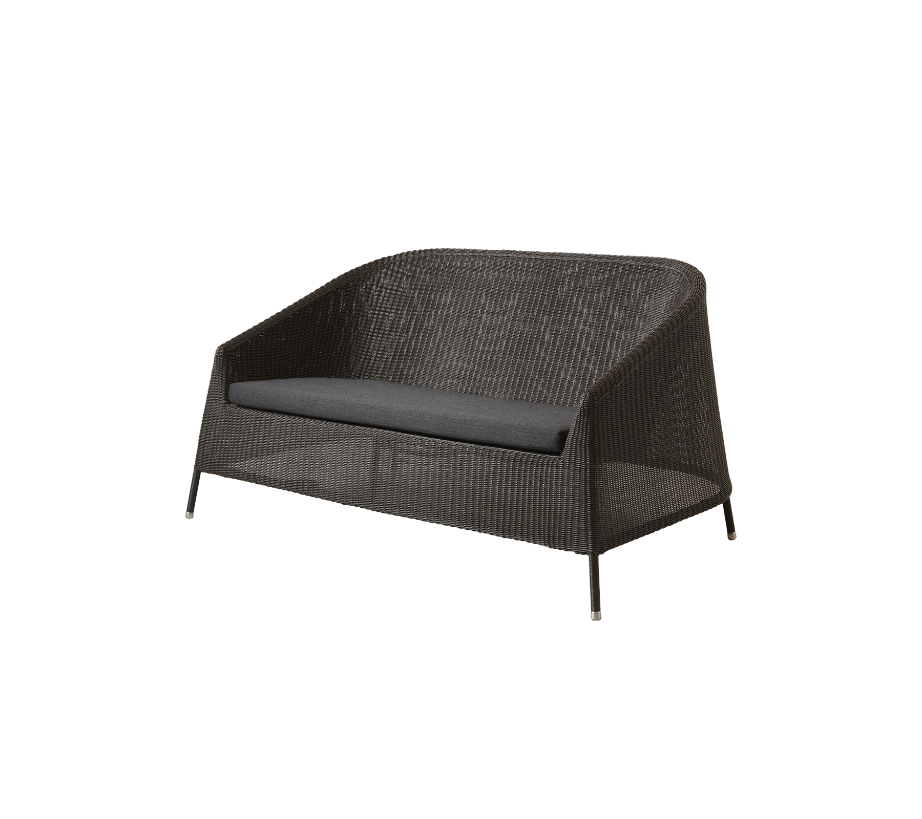 Stilvolles Zweisitzer-Sofa mit einem gewebten Außenbereich und einem bequemen grauen Kissen, perfekt für Entspannung und gesellige Zusammenkünfte im Freien.