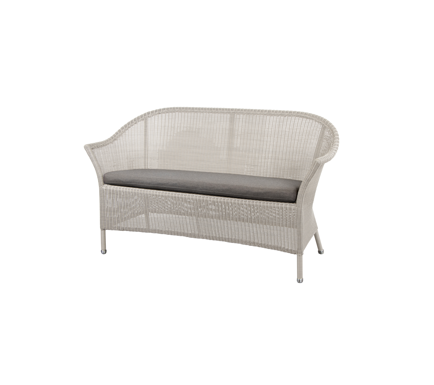 Elegantes gewebtes Loveseat mit einem weichen grauen Kissen, entworfen für Komfort und Stil in jeder Sitzanordnung.