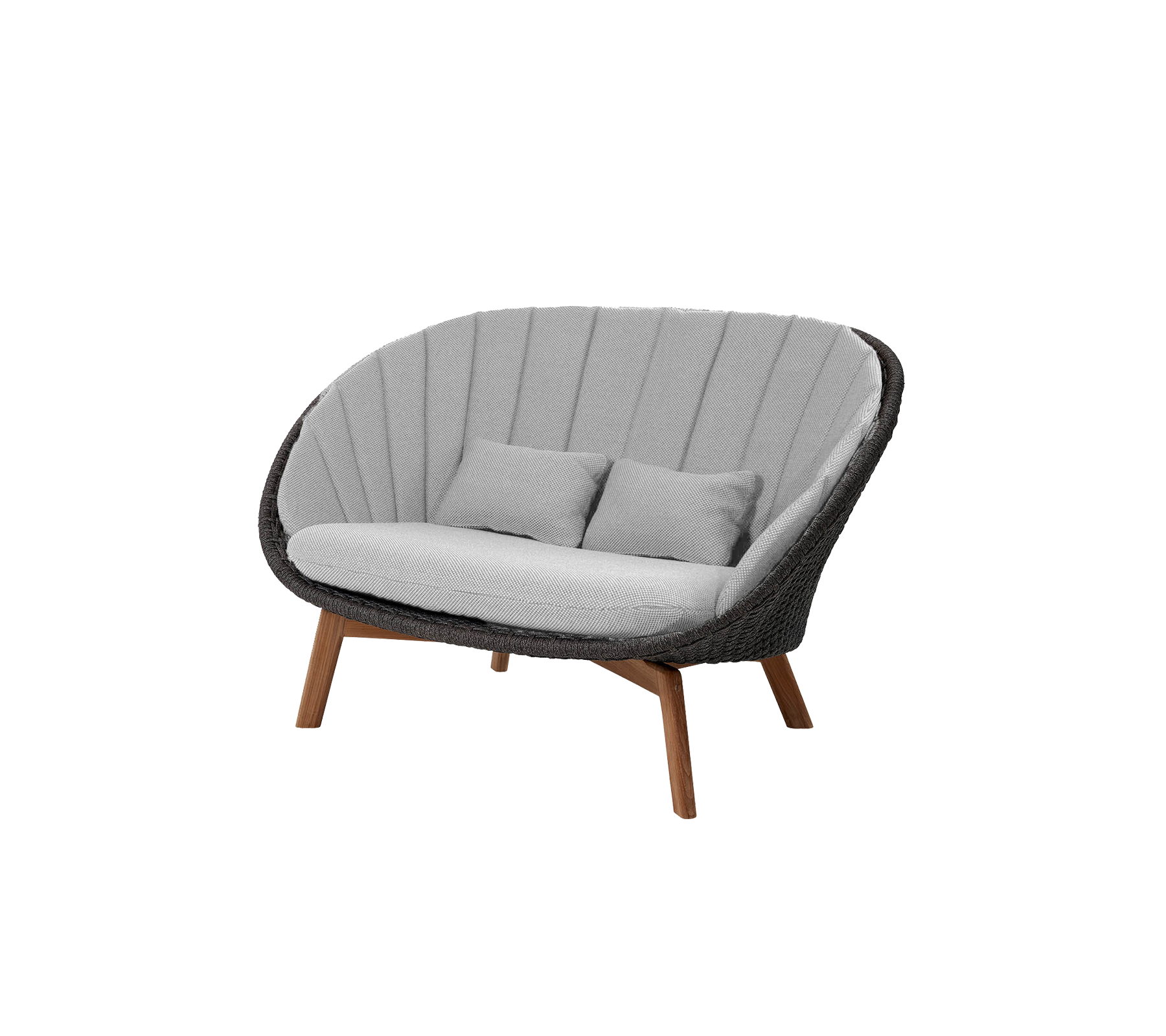 Stylische Zweisitzer-Sofa mit geschwungenem Design, ausgestattet mit grauem Polster und Holzbeinen, perfekt, um Komfort und modernen Flair zu verleihen.