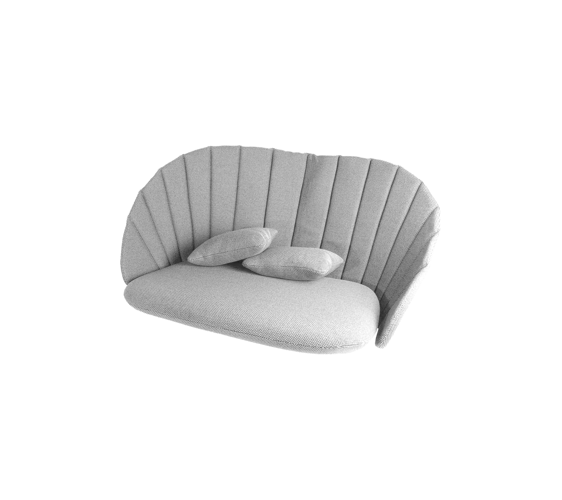 Stilsofa mit weichem grauem Stoff und drei plüschigen Kissen, das über ein geripptes Design für zusätzliche Eleganz verfügt.