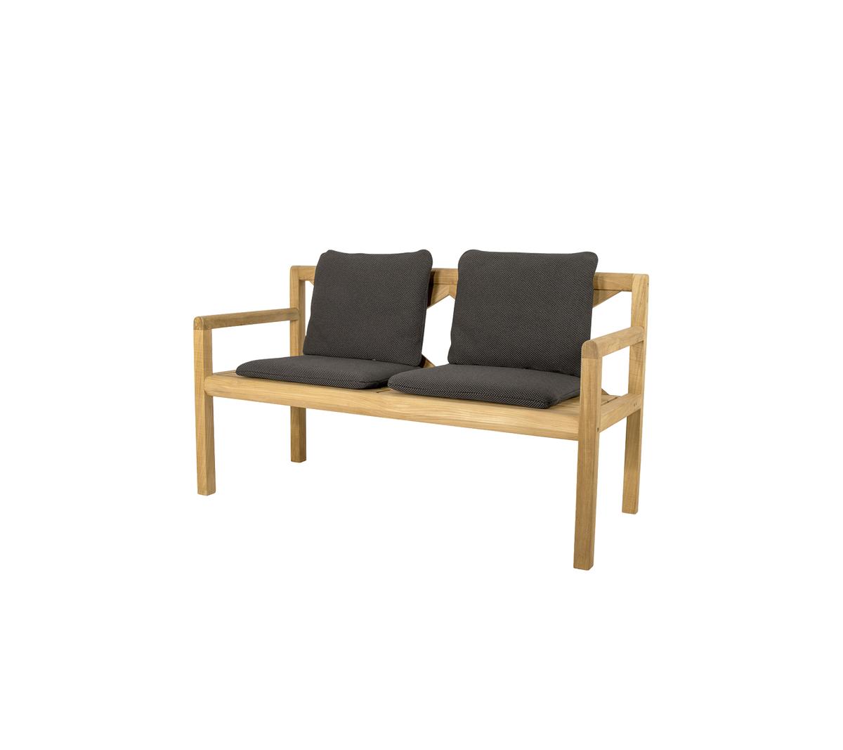 Zweisitzer Holzbank mit bequemen dunkelgrauen Kissen, die ein einfaches und modernes Design aufweist. Ideal für legere Sitzgelegenheiten.