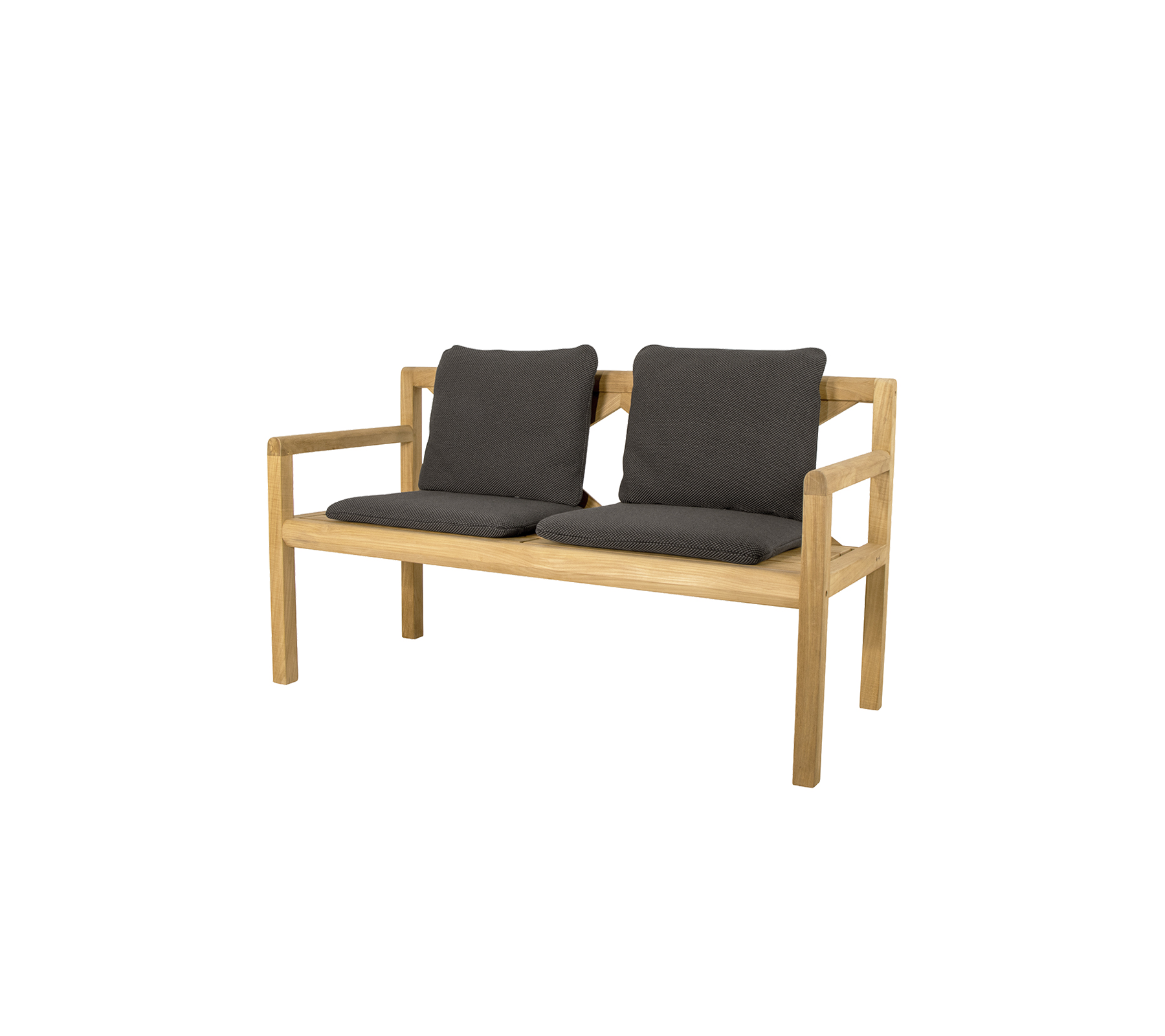 Zweisitzer Holzbank mit bequemen dunkelgrauen Kissen, die ein einfaches und modernes Design aufweist. Ideal für legere Sitzgelegenheiten.
