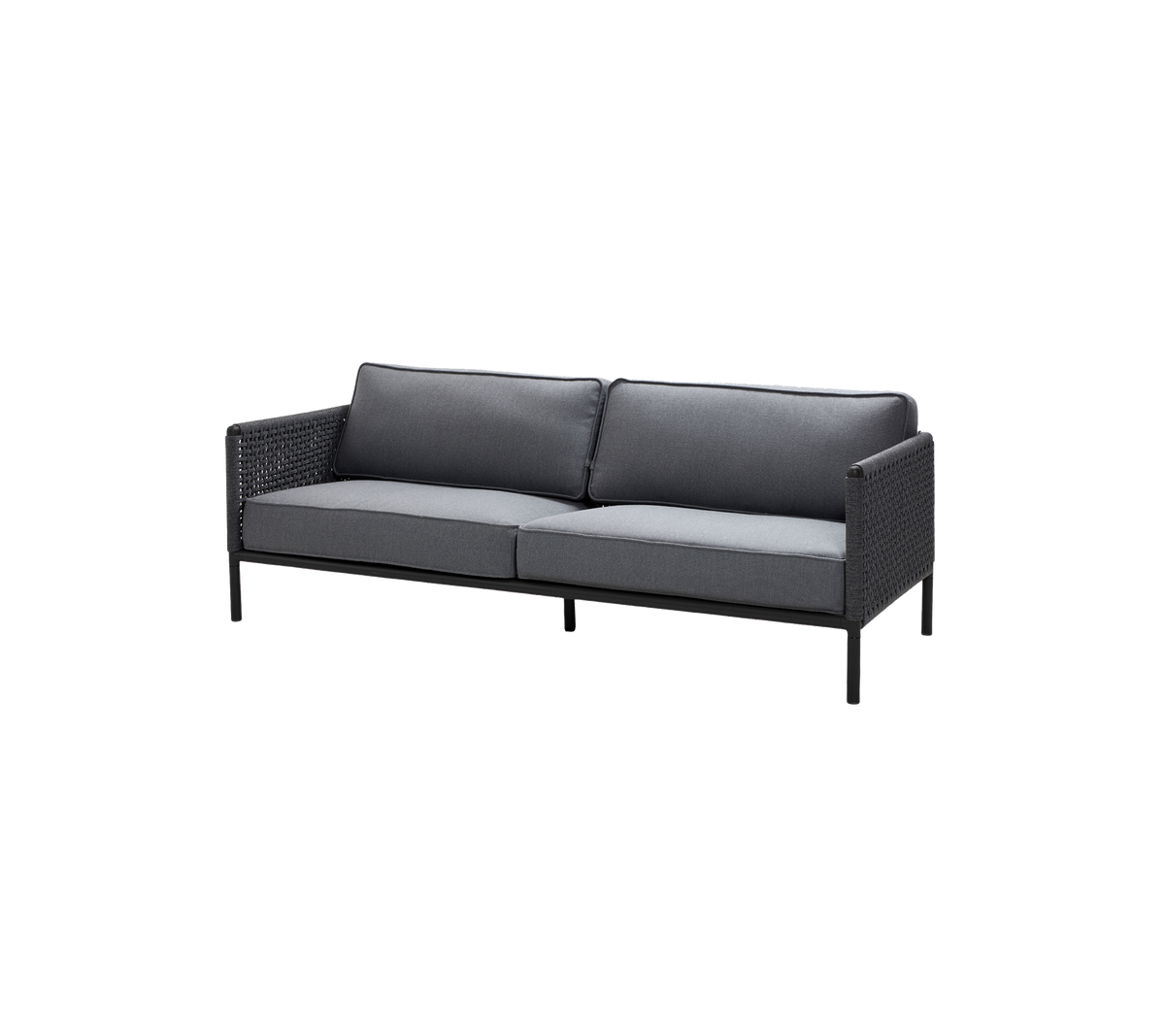 Stylische Zweisitzer-Sofa mit einem schwarzen Rahmen und grauen Kissen, das ein gewobenes Design für zusätzliche Textur und Komfort bietet.