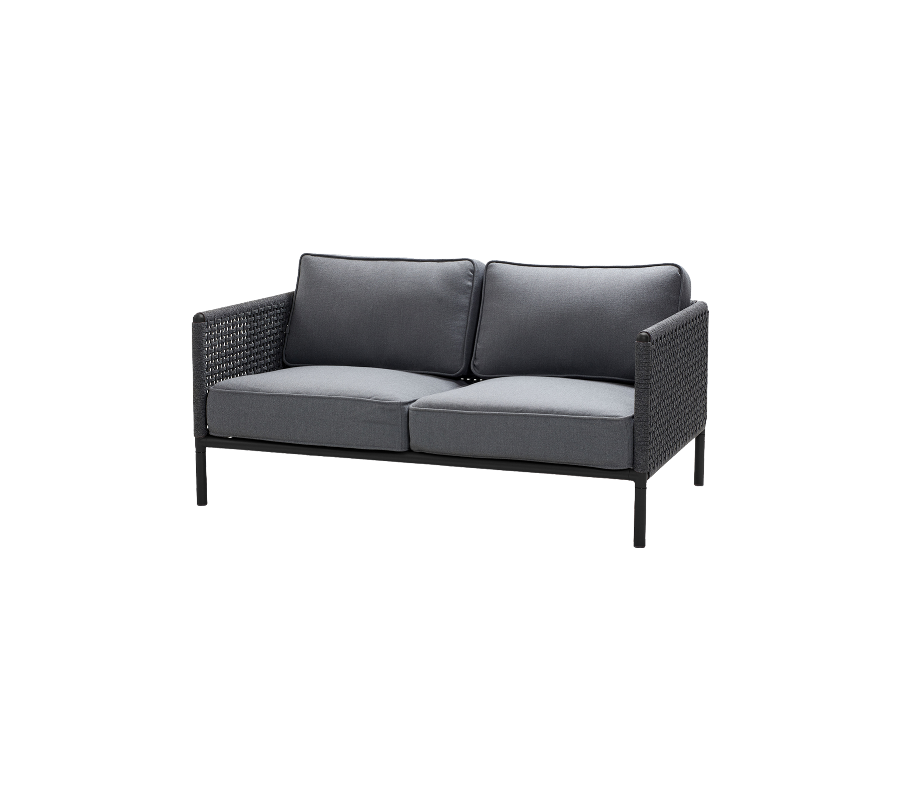 Zweisitzer-Sofa mit einem eleganten schwarzen Rahmen und dunkelgrauen Kissen, entworfen für Komfort und Stil. Perfekt für lässige Sitzbereiche.