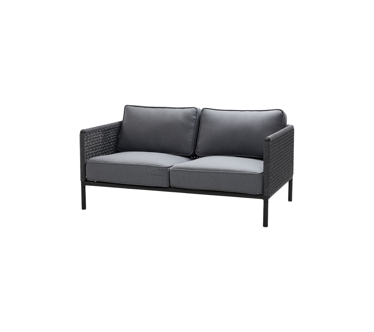 Zweisitzer-Sofa mit einem eleganten schwarzen Rahmen und dunkelgrauen Kissen, entworfen für Komfort und Stil. Perfekt für lässige Sitzbereiche.