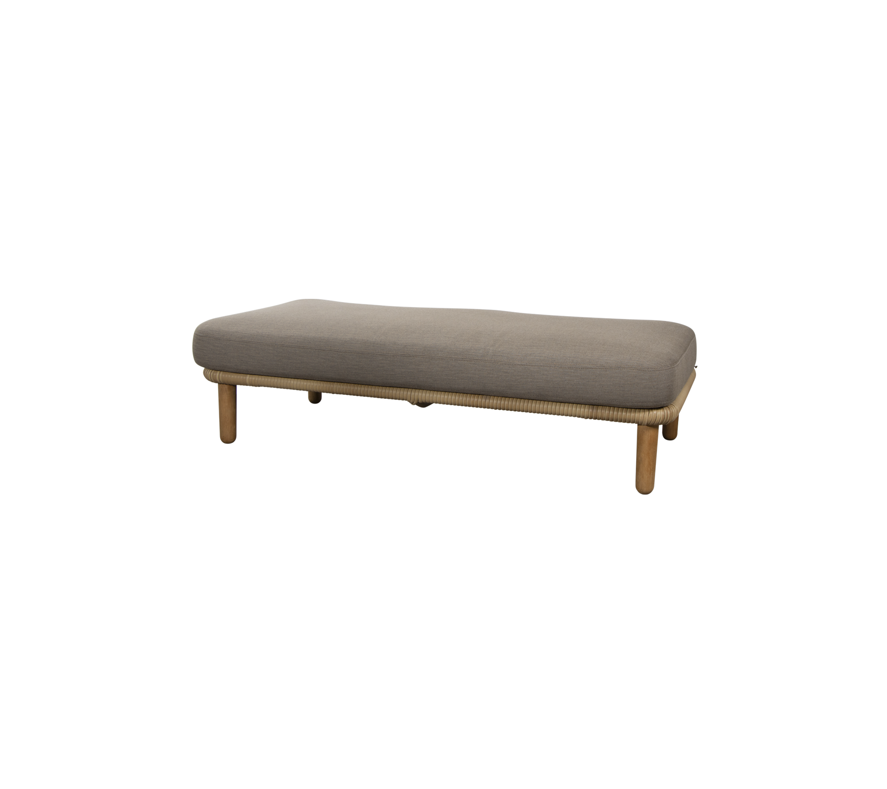 Minimalistische Bank mit einem eleganten grauen Kissen und Beinen aus natürlichem Holz, ideal für vielseitige Sitzgelegenheiten in verschiedenen Räumen.