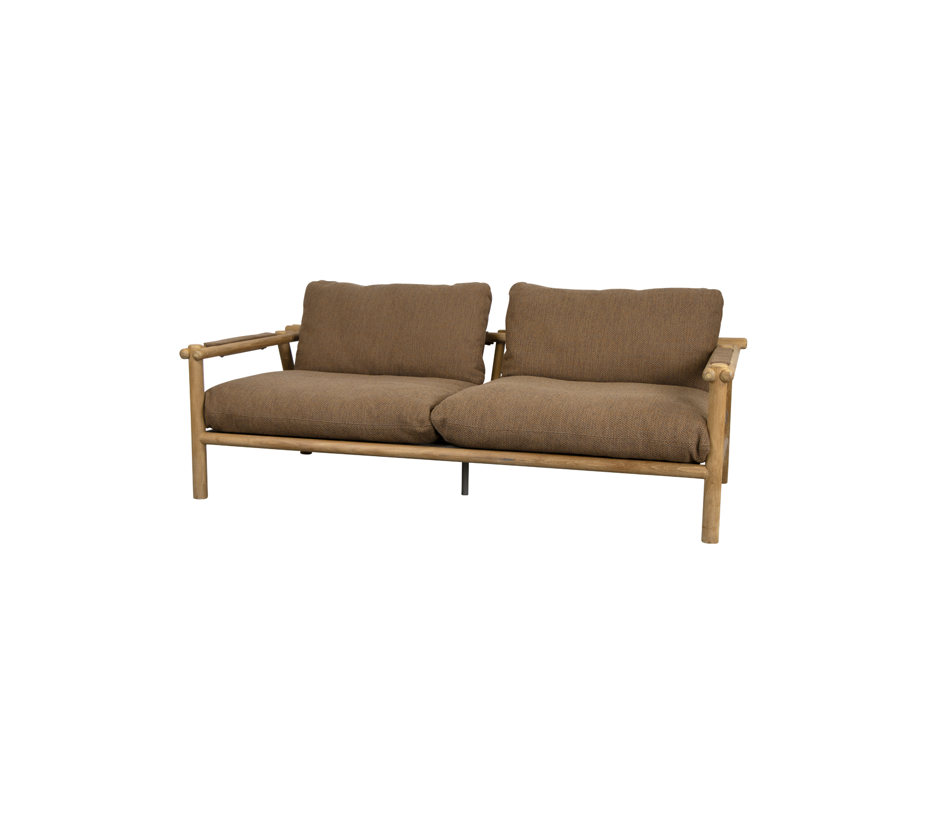 Ein komfortables Zweisitzer-Sofa mit einem Holzrahmen und weichen braunen Kissen, entworfen für Entspannung und stilvolles Sitzen.