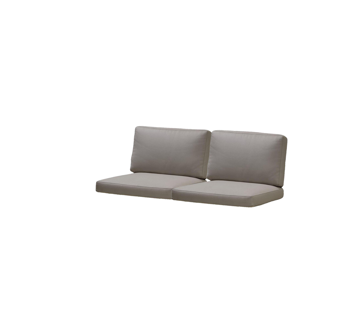 Zweisitzer-Sofa mit gepolsterten Sitzen und Rückenlehne in einer neutralen grauen Farbe, entworfen für Komfort und Stil.