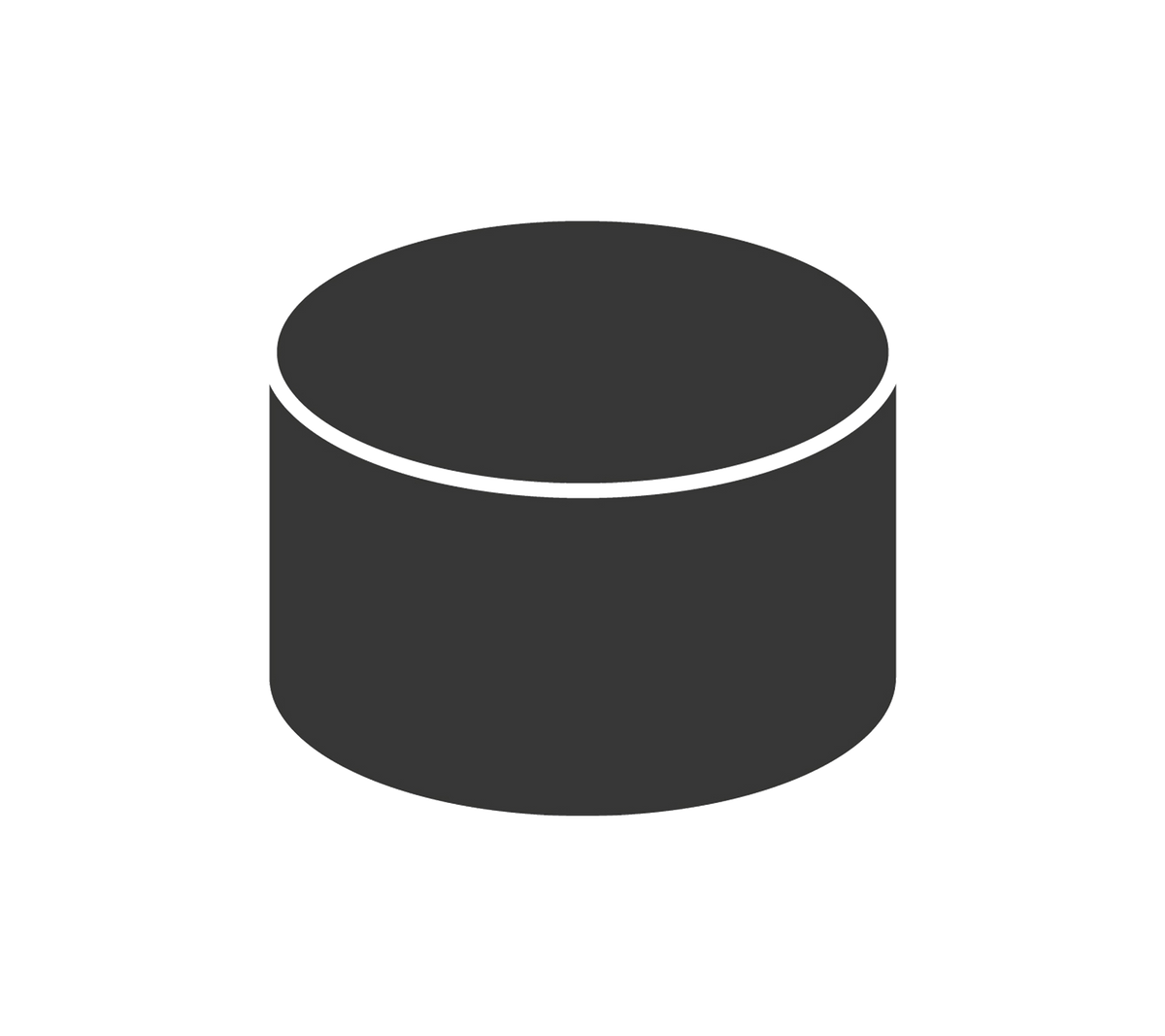 Ein einfaches zylindrisches Objekt in dunkel Farbe, mit einer flachen Oberseite und Seiten, das eine grundlegende geometrische Form darstellt.