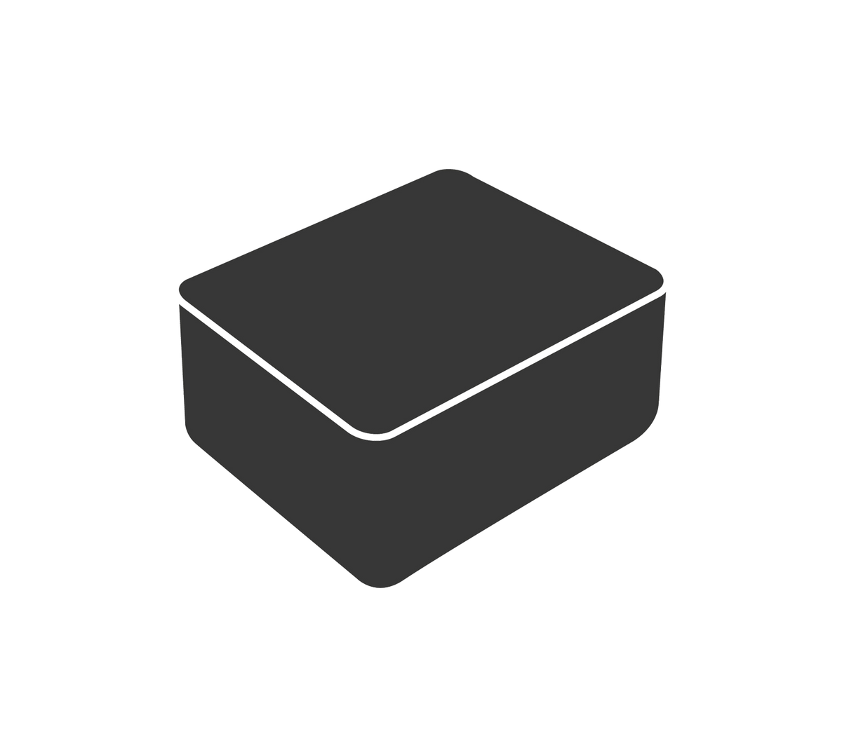 Eine einfache, dunkle rechteckige Box mit abgerundeten Ecken, die einen flachen Deckel und einen leicht erhöhten Boden hat.