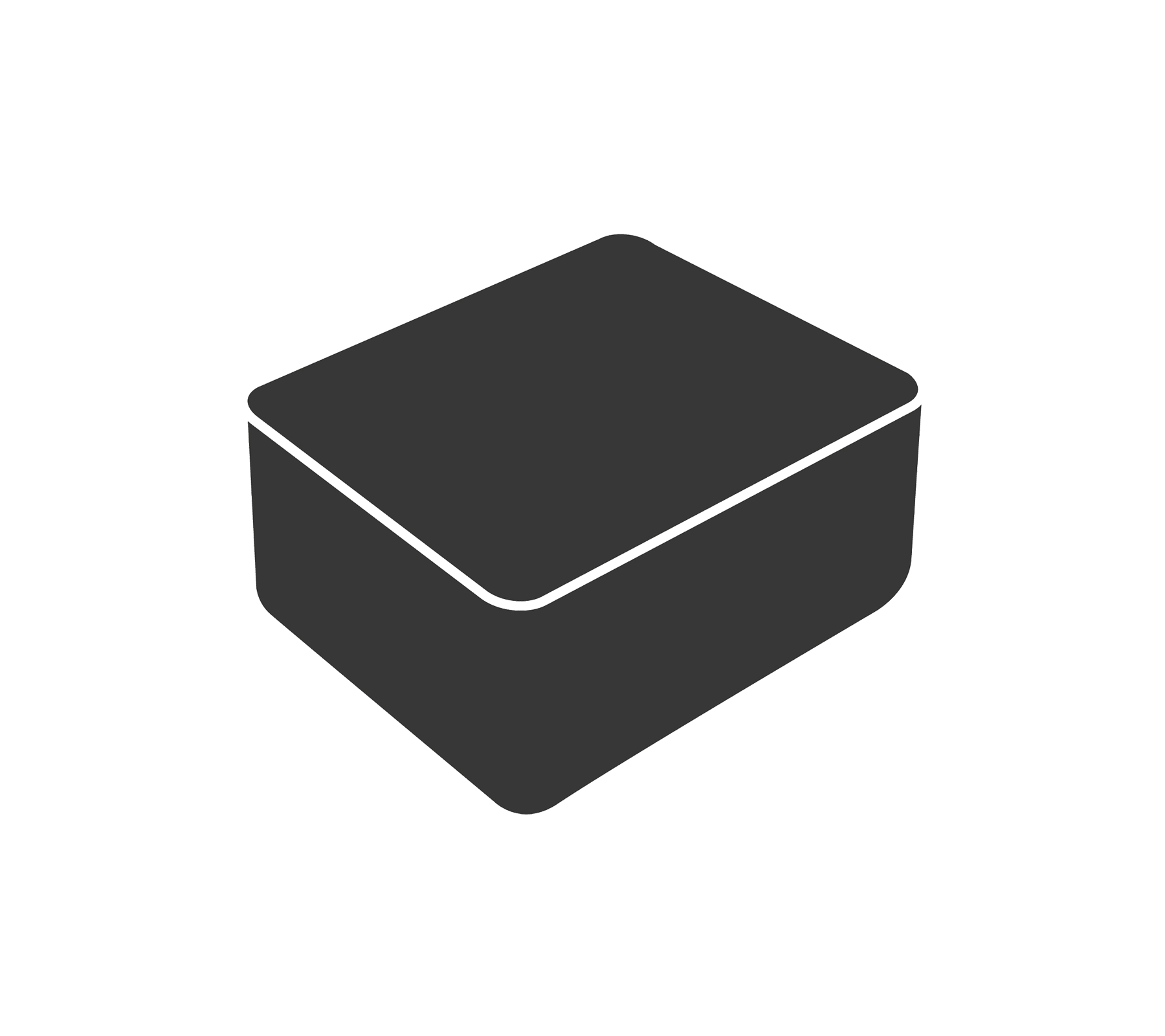Eine einfache, dunkle rechteckige Box mit abgerundeten Ecken, die einen flachen Deckel und einen leicht erhöhten Boden hat.
