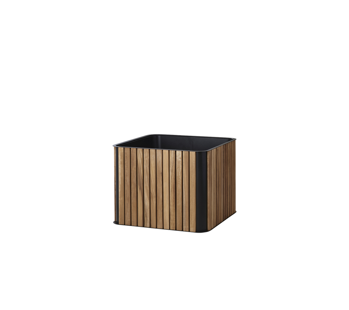 Quadratischer Blumenbehälter mit einem Holzlamellen-Design und einem schwarzen Sockel, ideal für die Präsentation von Pflanzen und zur Aufwertung jedes Raumes.