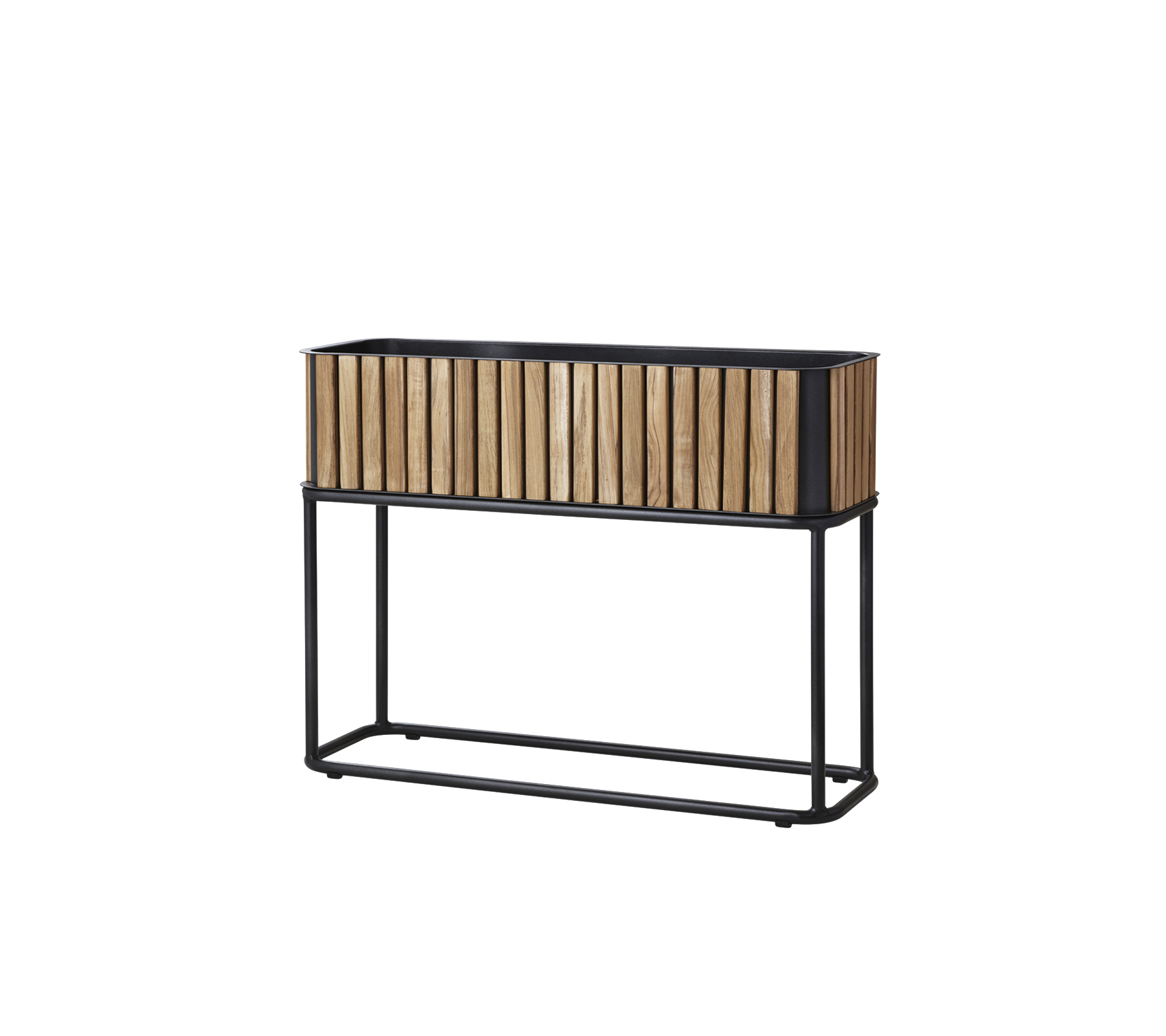 Holzkasten mit lamellenartigem Design, unterstützt von einem schlanken Metallrahmen, geeignet zur Präsentation von Pflanzen oder Blumen.