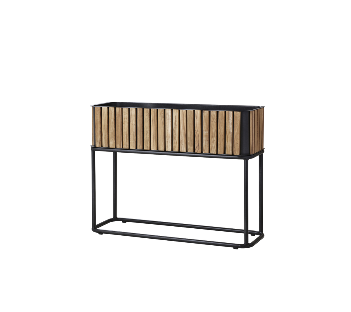 Holzkasten mit lamellenartigem Design, unterstützt von einem schlanken Metallrahmen, geeignet zur Präsentation von Pflanzen oder Blumen.