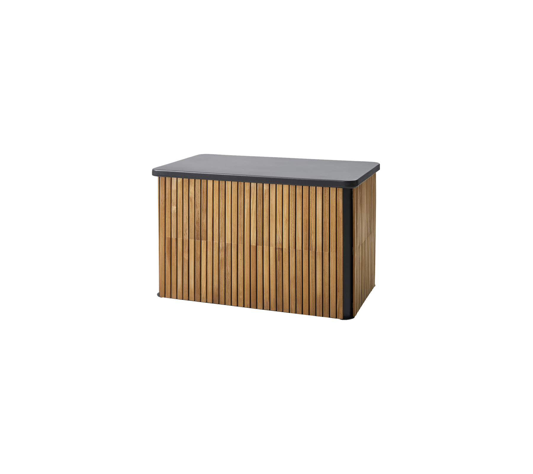 Holzkiste mit lamellenförmigem Design und einer glatten dunklen Oberseite, ideal für Organisation und Stil.