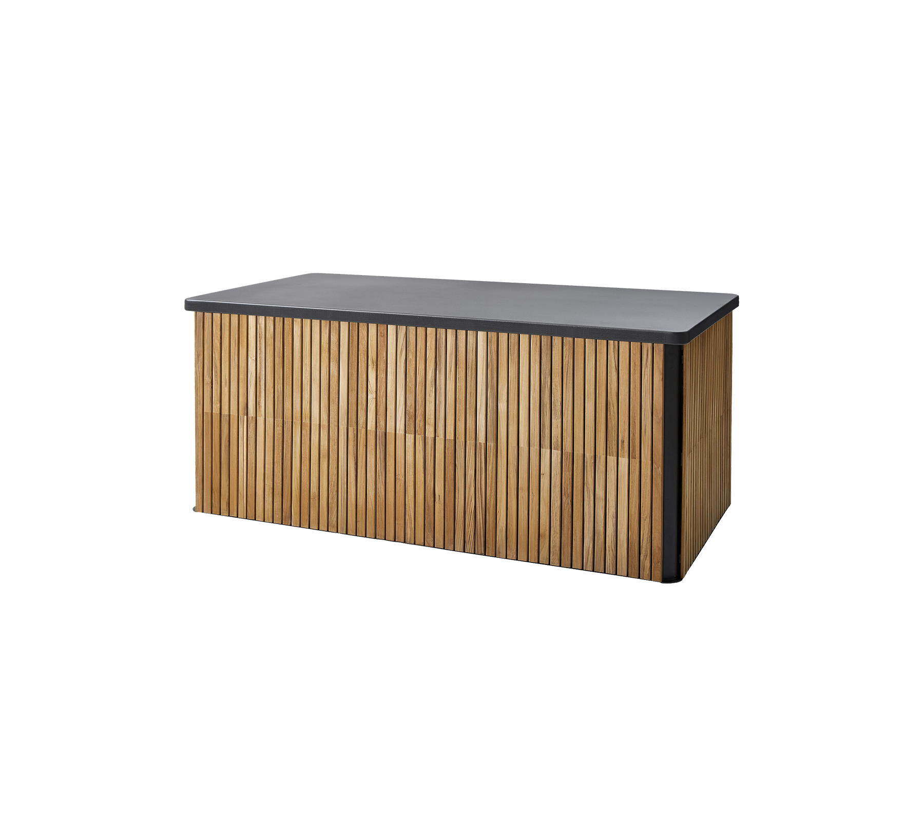 Stilvolle Aufbewahrungslösung mit einer eleganten dunklen Oberfläche und einem vertikalen Lamellenholzdesign für eine moderne Ästhetik. Ideal für vielseitige Nutzung.