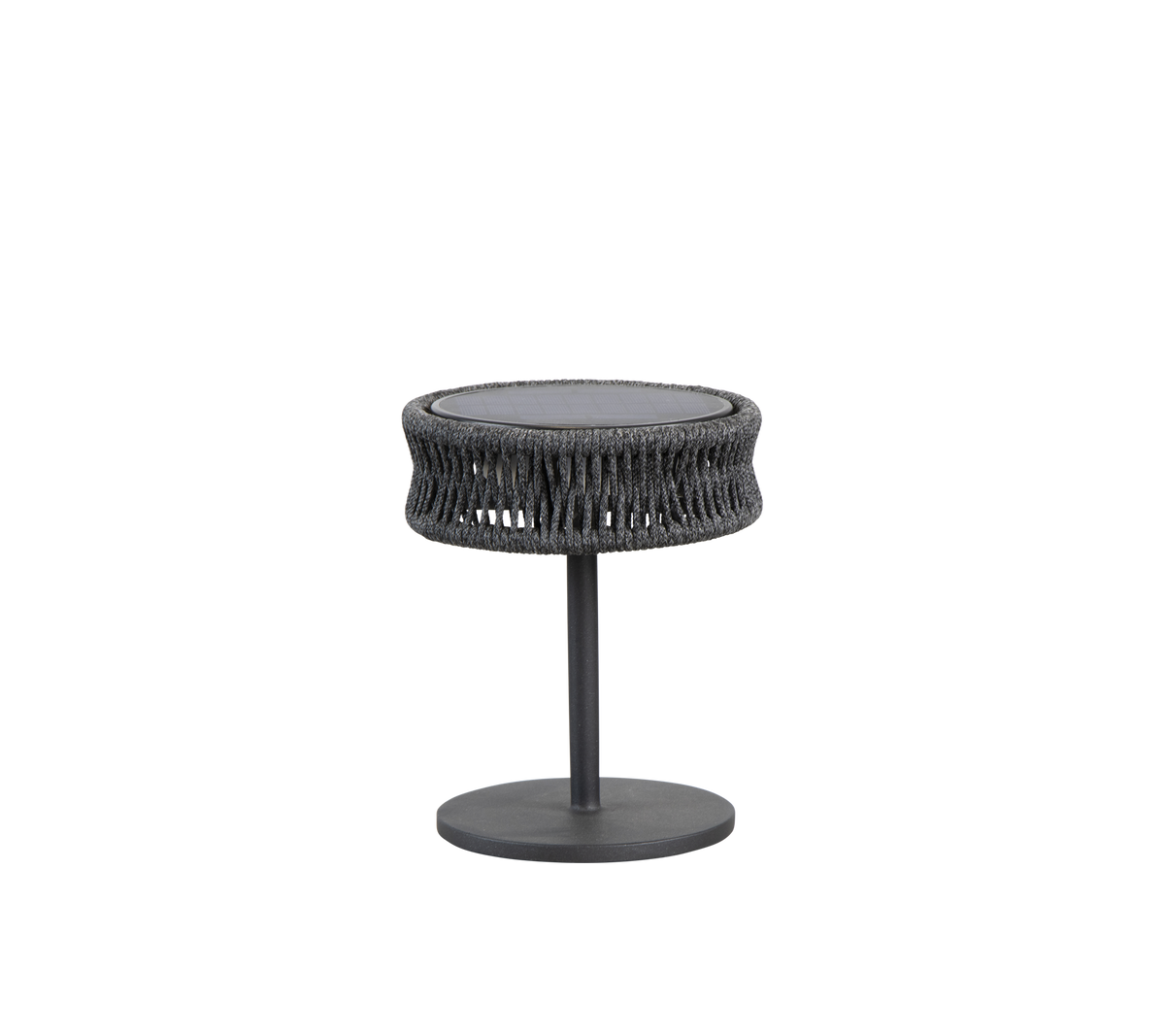 Runder Beistelltisch mit einem strukturierten, gewebten Design und einem eleganten Metallgestell, ideal um jedem Raum Stil zu verleihen.
