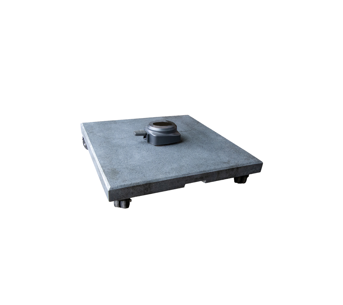 Ein quadratischer Betonsockel mit einem zentralen Befestigungspunkt und verstellbaren Füßen, der für Stabilität und Unterstützung in verschiedenen Anwendungen konzipiert ist.