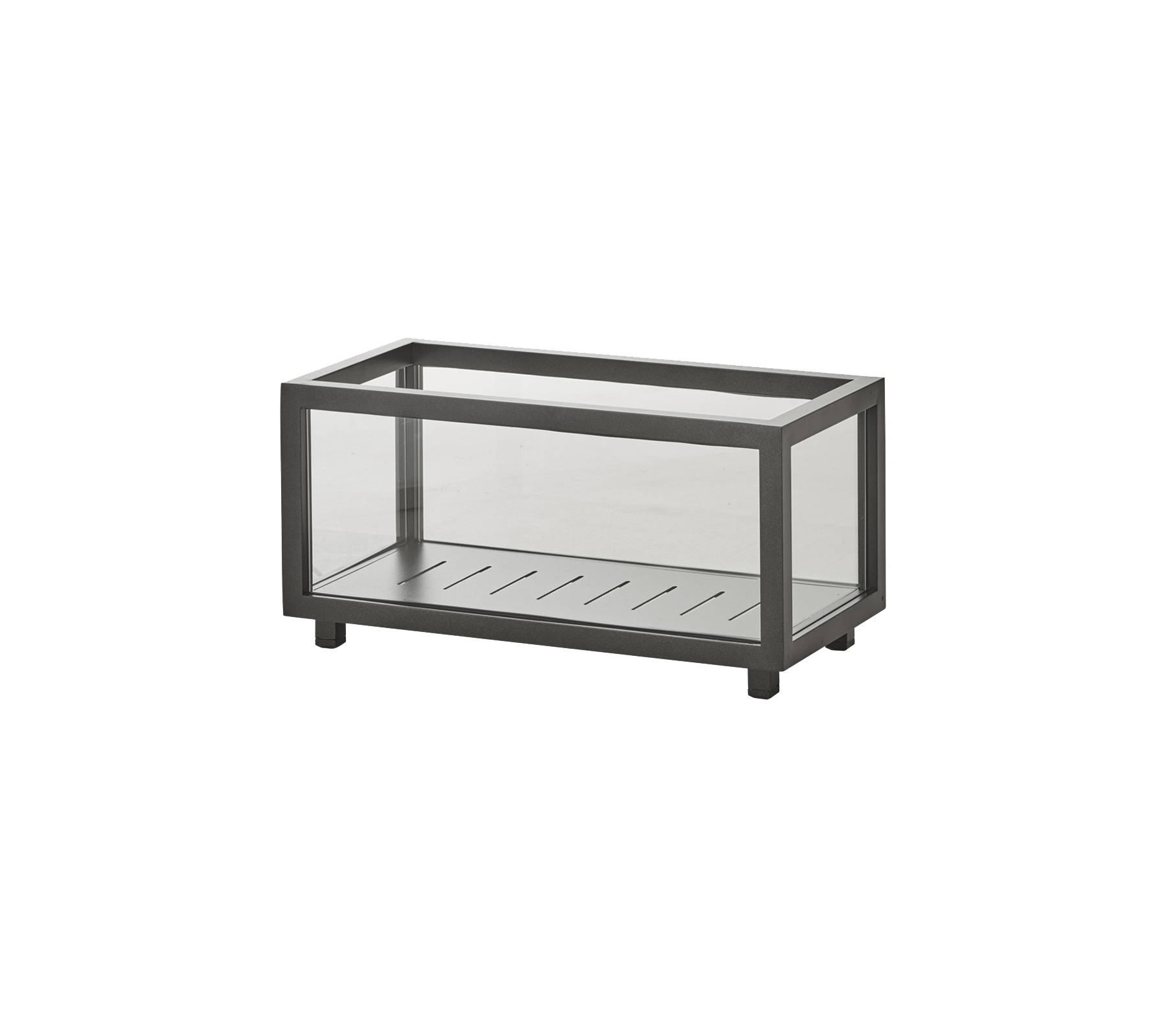 Rechteckige Glasschauvitrine mit einem eleganten Metallrahmen und einem schlitzierten Boden zur effektiven Präsentation von Gegenständen.