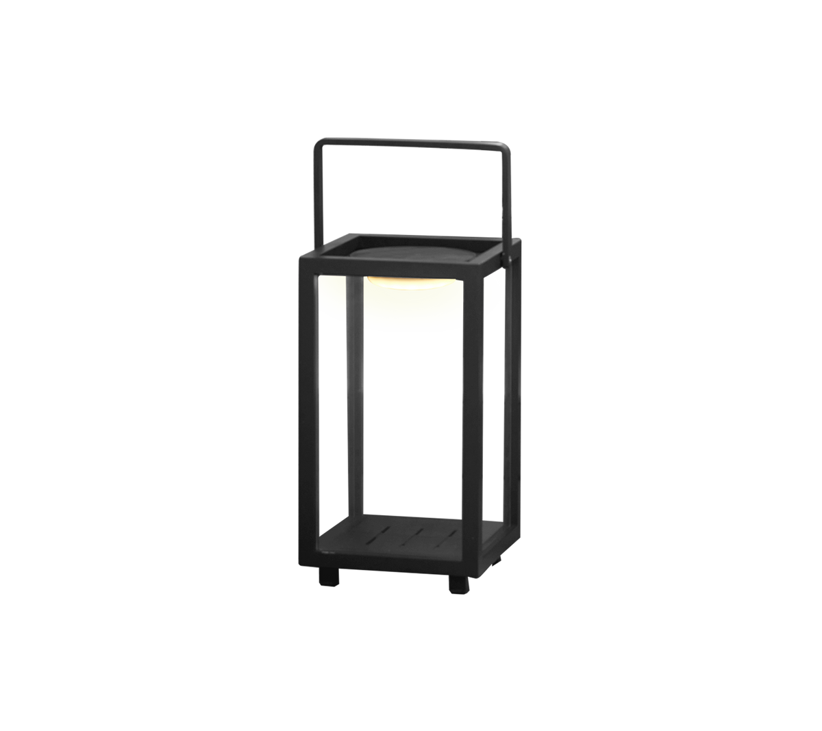 Ein modernes LED-Lampen-Design mit einem quadratischen Rahmen und Griff, mit einem sanften Licht in der Mitte.