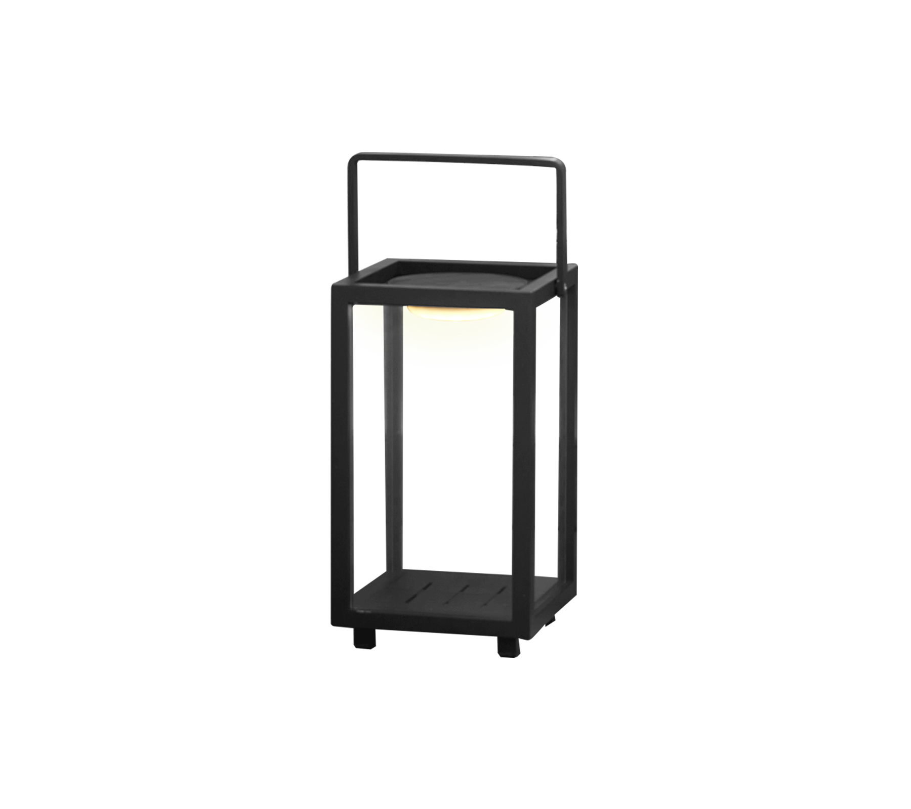 Ein modernes LED-Lampen-Design mit einem quadratischen Rahmen und Griff, mit einem sanften Licht in der Mitte.