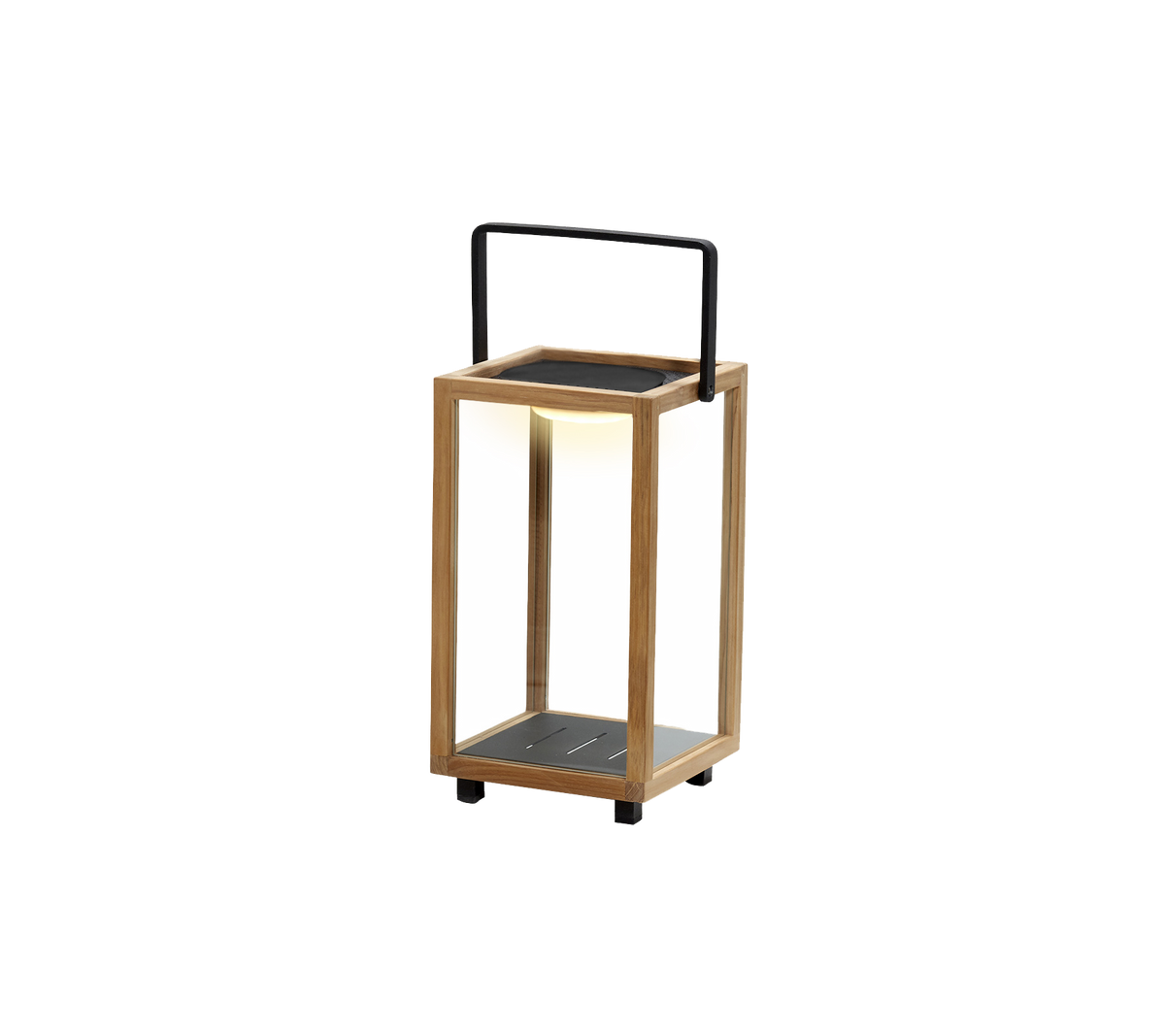 Eine stilvolle Laterne aus Holz und Metall, mit einem integrierten LED-Licht im Design, ideal um Atmosphäre zu schaffen.