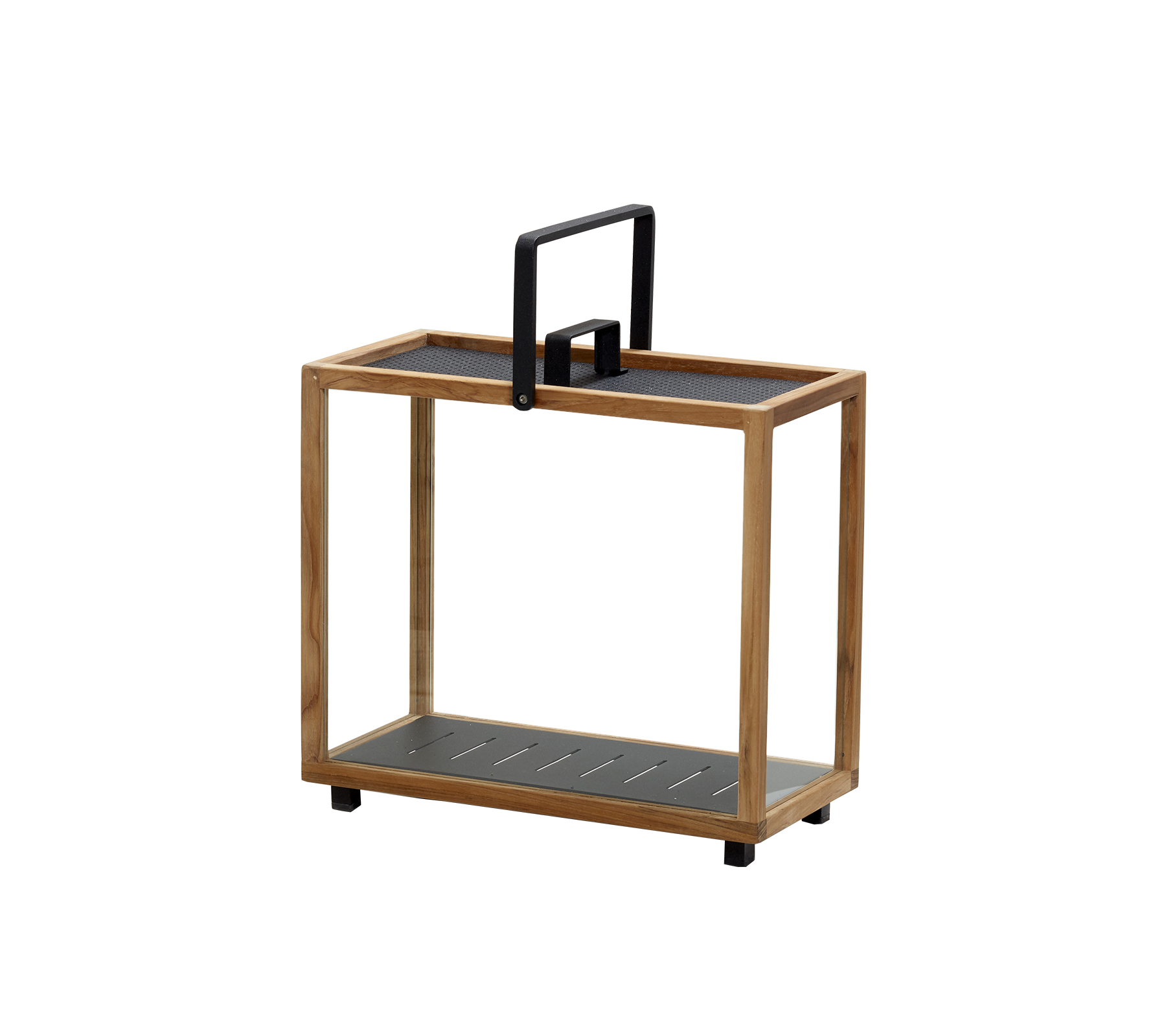 Holzservierwagen mit einem schwarzen Griff und zwei Ablagen, entworfen für einfachen Transport und vielseitige Aufbewahrung. Ideal zur Organisation von Gegenständen.