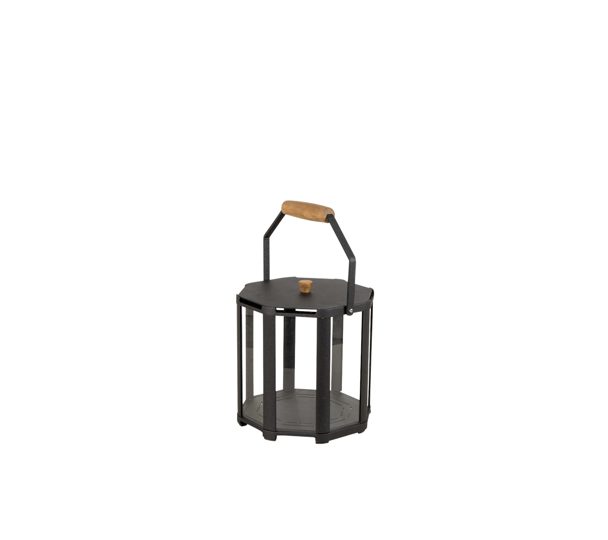 Stilvolle Laterne mit einem schwarzen Metallrahmen und einem Holzgriff, entworfen, um eine Kerze oder Lichtquelle zu halten.