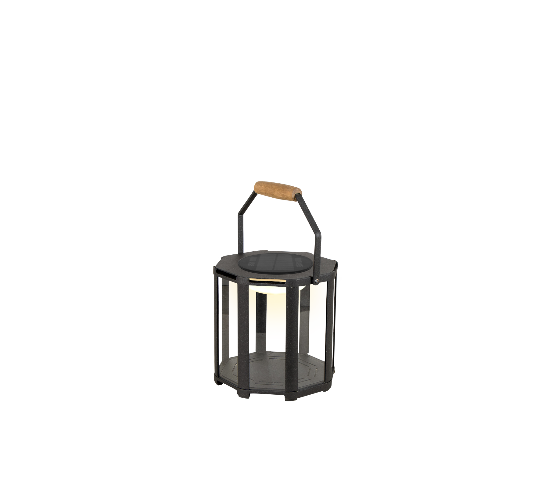 Eine stilvolle Laterne mit einem schwarzen Metallrahmen und einem Holzgriff, ausgestattet mit LED-Beleuchtung für einen modernen Touch.