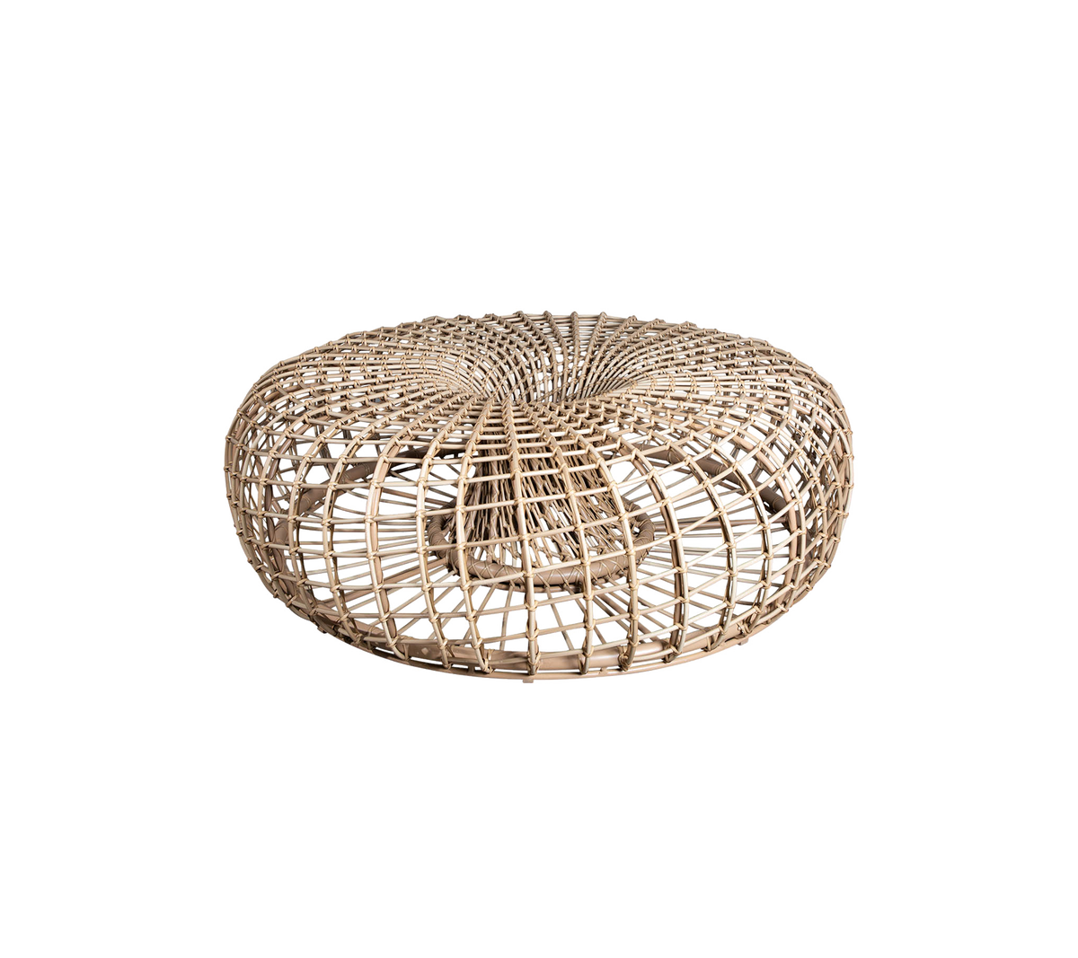 Runder gewebter Pouf aus Naturfasern mit einem strukturierten Design, perfekt als vielseitiges Akzentstück für jeden Raum.